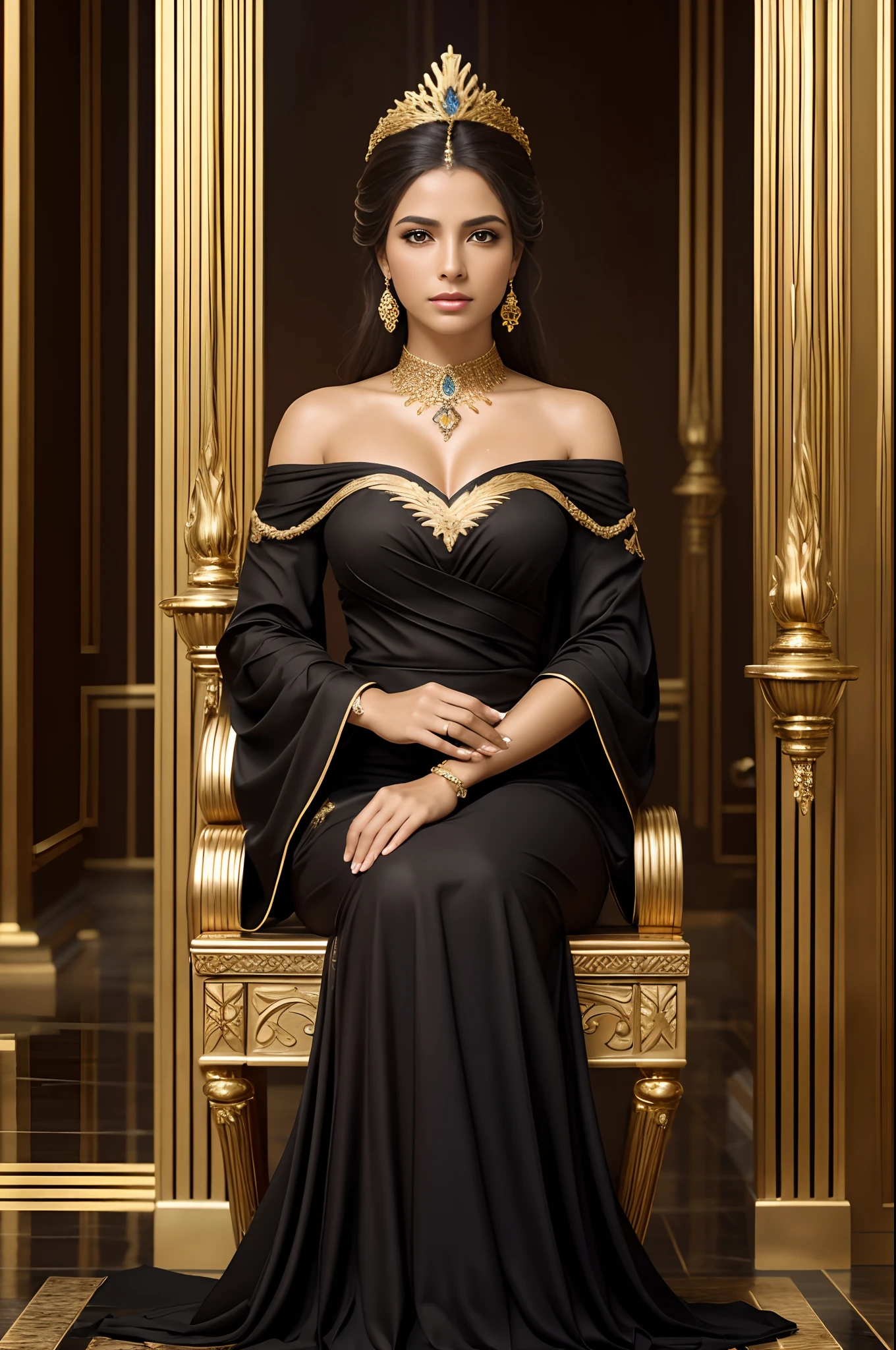 best quality, master part, detalhe, detalhes intrincados, realistic cinematic lighting, (Arte de Fantasia: 1.6), (Seiza: 1.1), (testa: 1.2), upright, real, majestoso, rainha, (Trono enorme e dourado: 1.4), coroa, close-up testaal, solene, trono, postura ereta, seriedade, dignidade, olhar para a testa, contemplation, jewelries, sozinho, Raio Divino, 1 mulher Negra linda , wet lips , vestido dourado e vermelho, Golden Palace, 16k