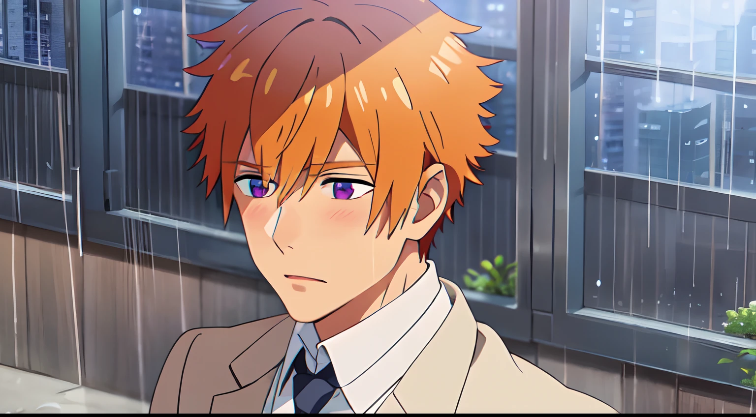 masterpiece, best quality, 1Boy, solo, Orange hair, with purple eyes, rain, city, white suit blue necktie, pocket on chest, sky, close up, blush