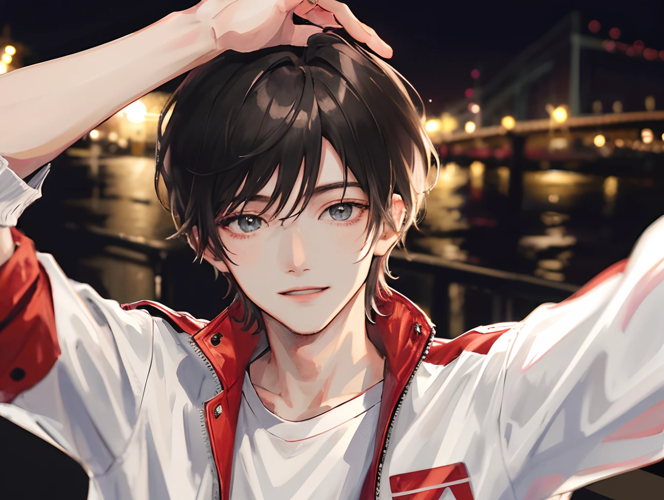 (absurdres, highres, ultra detailed, HDR), masterpiece, best quality, 1boy, handsome, short hair, finely eye and detailed face, (white t-shirt), (red jacket), dimple, night street, night city, midnight, selfie shot, light smile