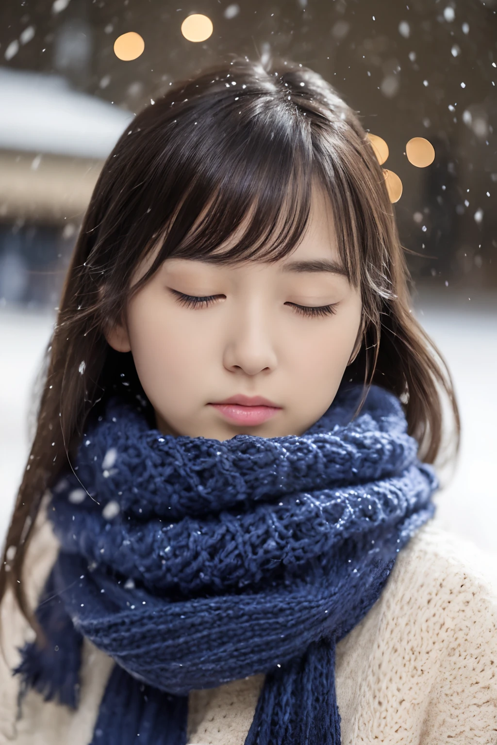 ((no-makeup、Wait for a kiss、Close your eyes、Duck mouth:1.2))、(realisitic、Photorealsitic、ultra-detailliert、Highest Details Skins、top-quality、​masterpiece、超A high resolution)、Cute Japan Woman、17 age、hi-school girl、younggirl、1 girl in、I have bangs、二重まぶた、drooing eyes、Japanese style face、purity、double tooth、Realistic skin type、Thick muffler、Grey muffler、fluffy hair、((Hair is inside the scarf:1.3))、Red cheeks、The wind is blowing、It's snowing、illuminations、Lighting from behind