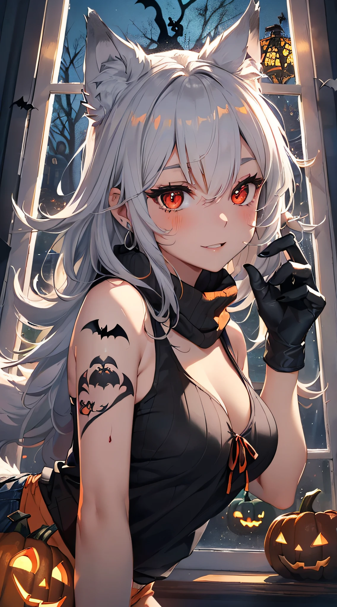 top-quality、Top image quality、​masterpiece、teens girl((18year old,Black and orange tank top,Orange and black shorts、orange scarf,Best Bust、Bust 85、Silver hair、Longhaire,Red Eyes、open chest wide、Valley、Happiness、A slender、Blood coating、Emphasis on the chest、Wolf tattoo、wolf ear、Wolf tail、excited expressions、Wolf gloves、nails are growing、Cute wolf,Slouched、claw pose)）hiquality、Beautiful Art、Background with((natta、window、dark sky、Halloween at night、the bats、pumpkins,Nightmare、Halloween、forest pathway))、masutepiece、Elaborate design、visualart、Theater Screen、