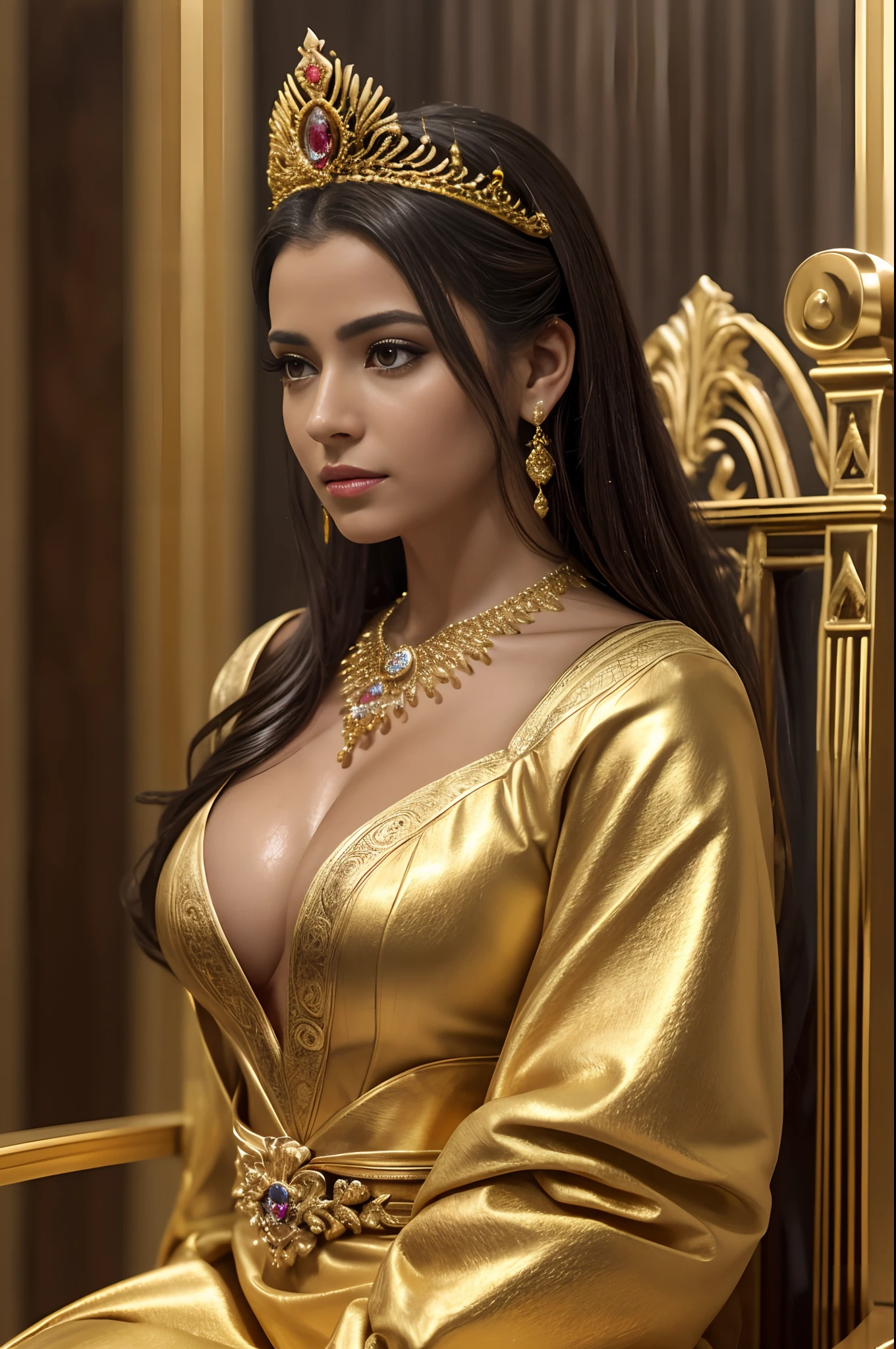 best quality, master part, detalhe, detalhes intrincados, realistic cinematic lighting, (Arte de Fantasia: 1.6), (Seiza: 1.1), (testa: 1.2), upright, real, majestoso, rainha, (Trono enorme e dourado: 1.4), coroa, close-up testaal, solene, trono, postura ereta, seriedade, dignidade, olhar para a testa, contemplation, jewelries, sozinho, Raio Divino, 1 mulher Negra linda , wet lips , vestido dourado e vermelho, Golden Palace, 16k