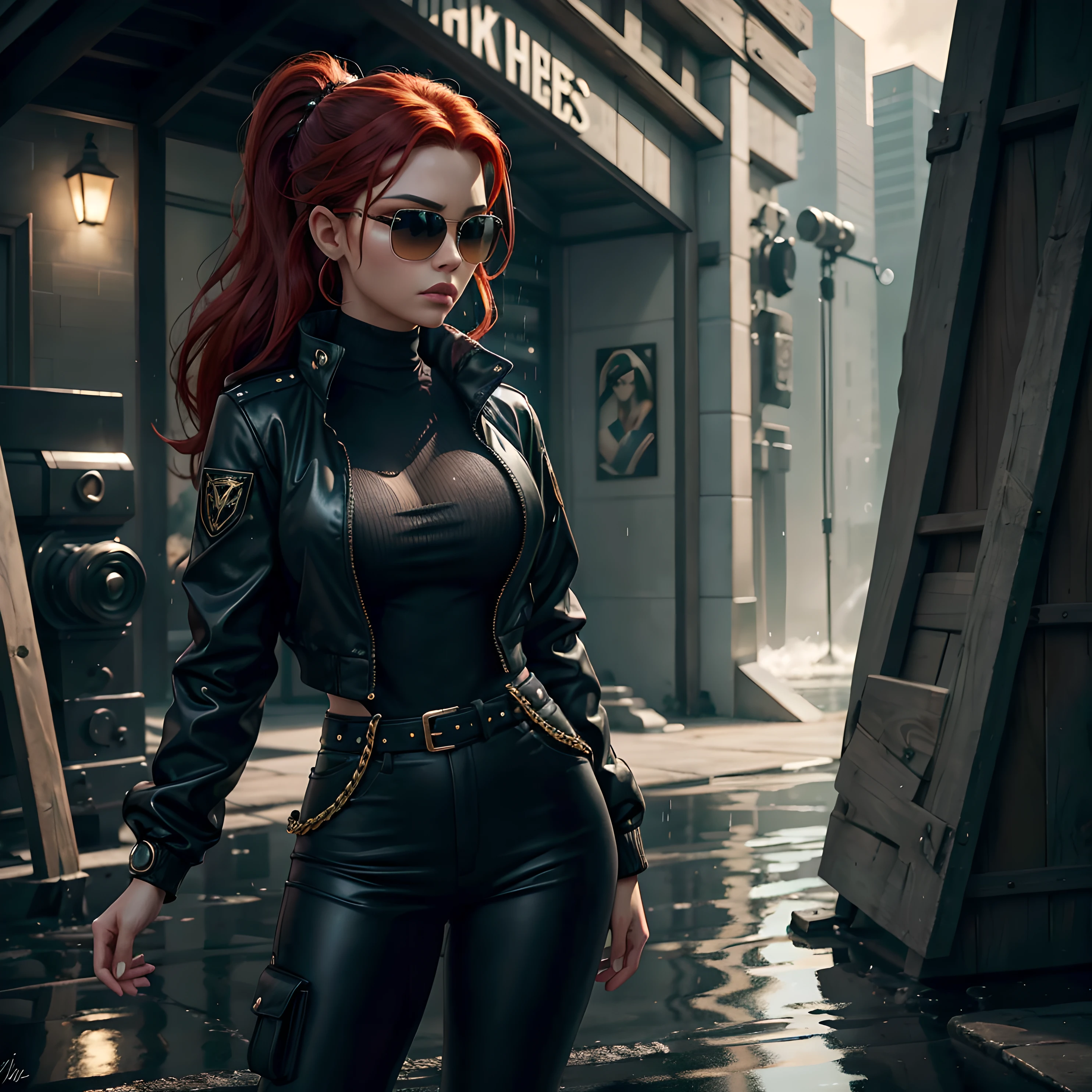 Kim Possible is a striking figure in her black puffer jacket, and the intricate details of the outfit are rendered with unsurpassed quality and attention to detail. The realistic textures and reflections on the jacket stand out, making the raindrops feel almost tangible. The reflections on her shiny outfit are incredibly crisp, enabling you to see your own reflection. Kim's modern touch of holding a white styrofoam cup filled with a purple drink adds to the overall sassiness of the piece. As she stands with her back to the viewer, she emanates a captivating vibe of mystery and allure. The scene is a masterpiece, boasting impeccable quality and ultra-detailed features that showcase the artist's superb craftsmanship. Utilizing the latest technology in rendering, the result is a stunningly realistic portrayal of Kim's outfit. The reflections and raindrops on her black Montclair jacket, along with her gold chain and jewelry are portrayed with the utmost care. The low-angle shot looking up adds to the sense of grandeur as Kim's head faces the viewer, and her aviator-style sunglasses enhance her stylishness. The futuristic background with a grey color pallet effectively complements the alluring femininity of Kim's outfit. As she appears wet from the rain, she radiates strength and resilience, adding to her overall appeal. In conclusion, the artist's superb craftsmanship has captured the essence of Kim. Kim's fiery red hair is also a standout feature that adds to her already stunning appearance. Her locks fall in gentle waves down her back, adding to her captivating allure. Additionally, her sharp, green eyes are piercing and intense, reflecting her inner strength and determination. Overall, her physical features are portrayed with the same level of intricacy and attention to detail as her outfit, underscoring her status as a true icon. This rendering flawlessly brings to life Kim's signature look, encapsulating her fierce and unstoppable persona for all to see.