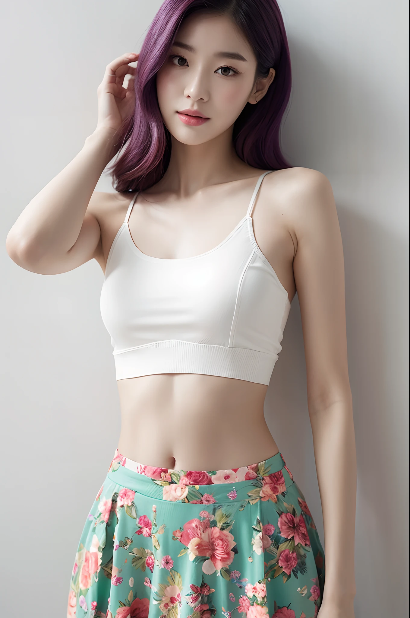 a woman in a floral crop top and mint skirt posing for a picture, croptop, crop top, bralette, wearing white camisole, bae suzy, wearing a camisole, physical : tinyest midriff ever, gorgeous young korean woman, heonhwa choe, cutecore, lulu chen, reluvy5213, rainbow hair