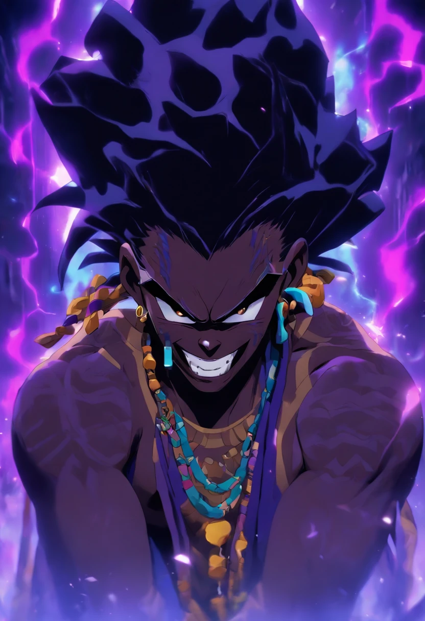 (((GHEDE NIBOU))) best quality, ultra-high resolution, 4K detailed CG, master piece, Ghede Masaka,Man,digger,PURPLE shirt,transsexual ,African clothing, Voodoo mythology, ((Loa Voodoo)), African image , aesthetic, Screen centered, full body