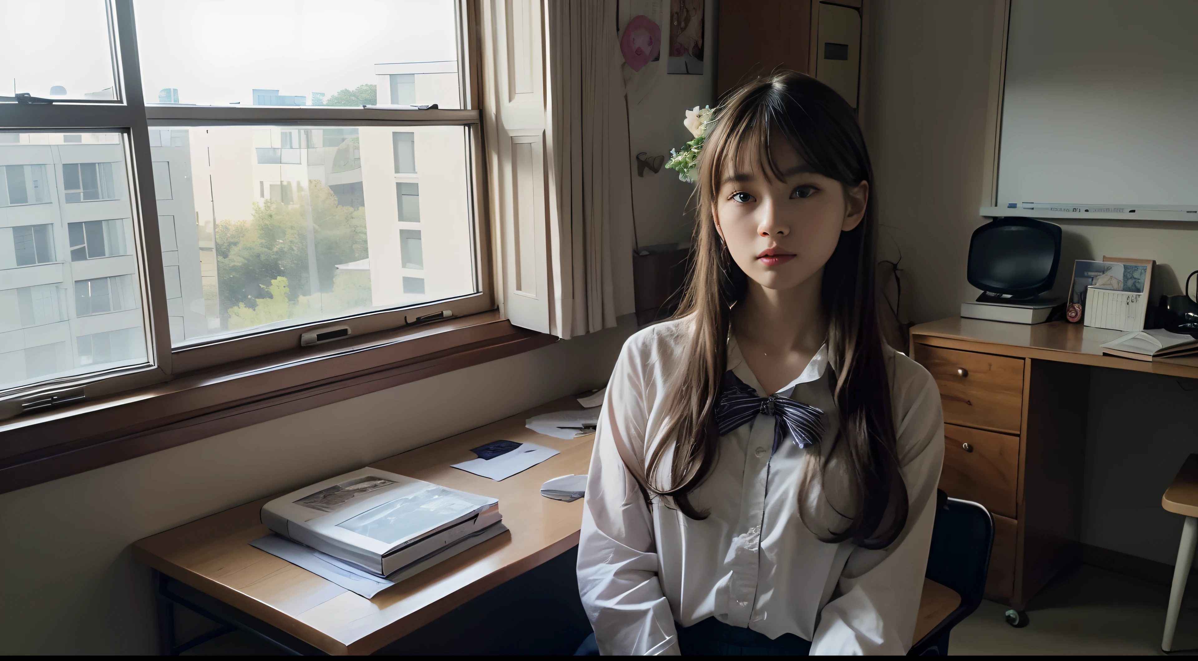 a picture、(Photorealsitic:1.4)、(hyper realisitic:1.4)、(Cinematic:1.5)、Woman in her 20s、caucasian female、solo, （beautiful and delicate face）、（High-quality eyes）、hi-school girl、校服、bow ribbon、school classrooms、desk、textbook、 (look out of the window:1.5)