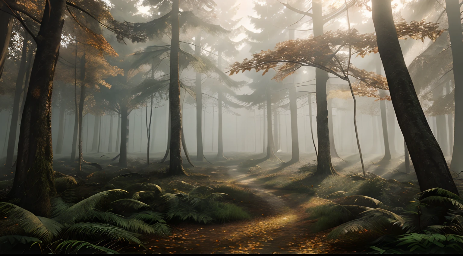 ((realistic, gloomy, high detail, volumetric light)), (dense autumn forest with diverse flora)