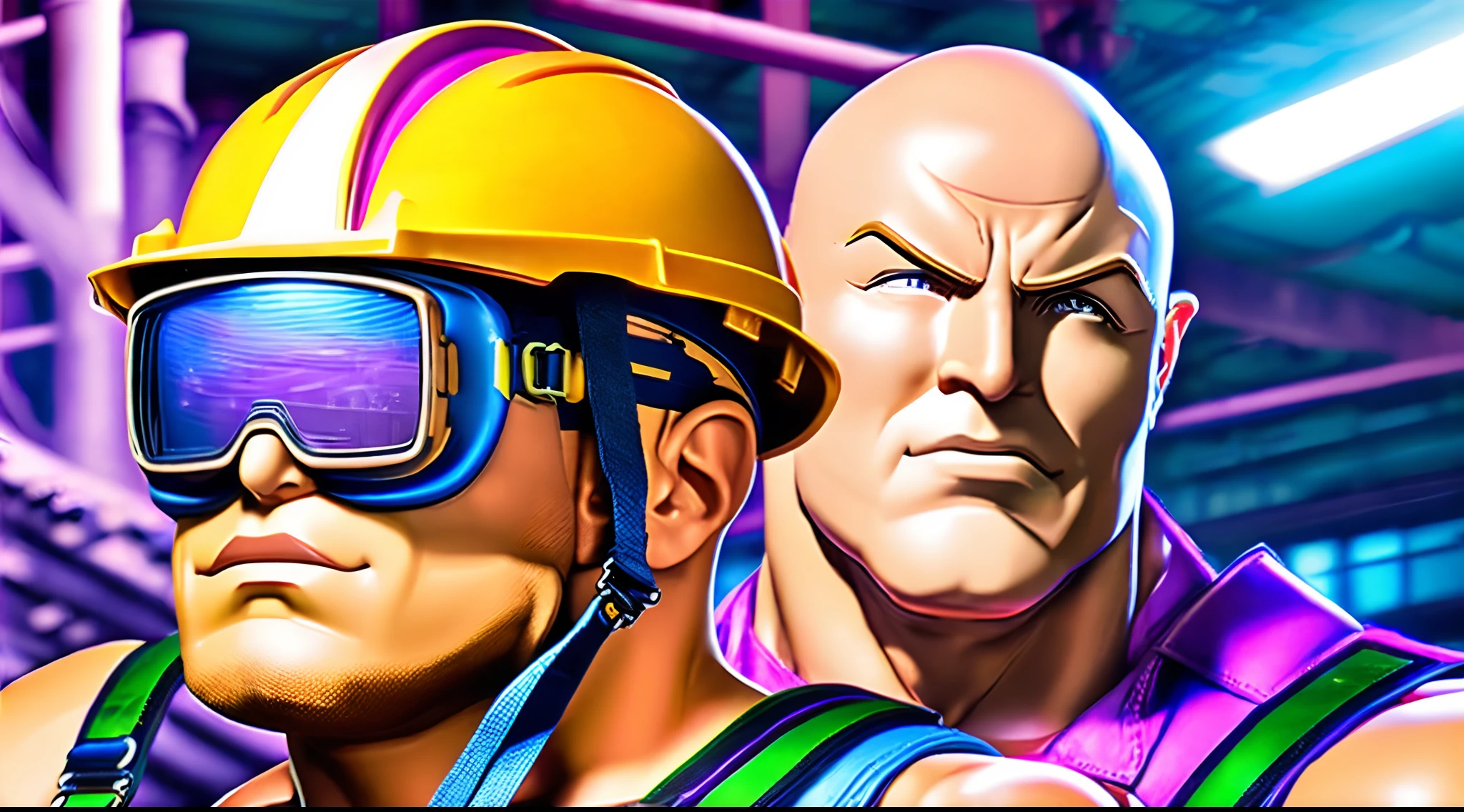 Action Scene, factory, (engineer & soldier) , Welding Round Goggles, (Construction Helmet), a closeup of a ,muscular, ssmile, bald, bristle, With a fat body,in suspenders, hug, bright colours, Realistic rendering, JoJo's Handbook ,HDR lighting, with the atmosphere of a masterpiece:1.2