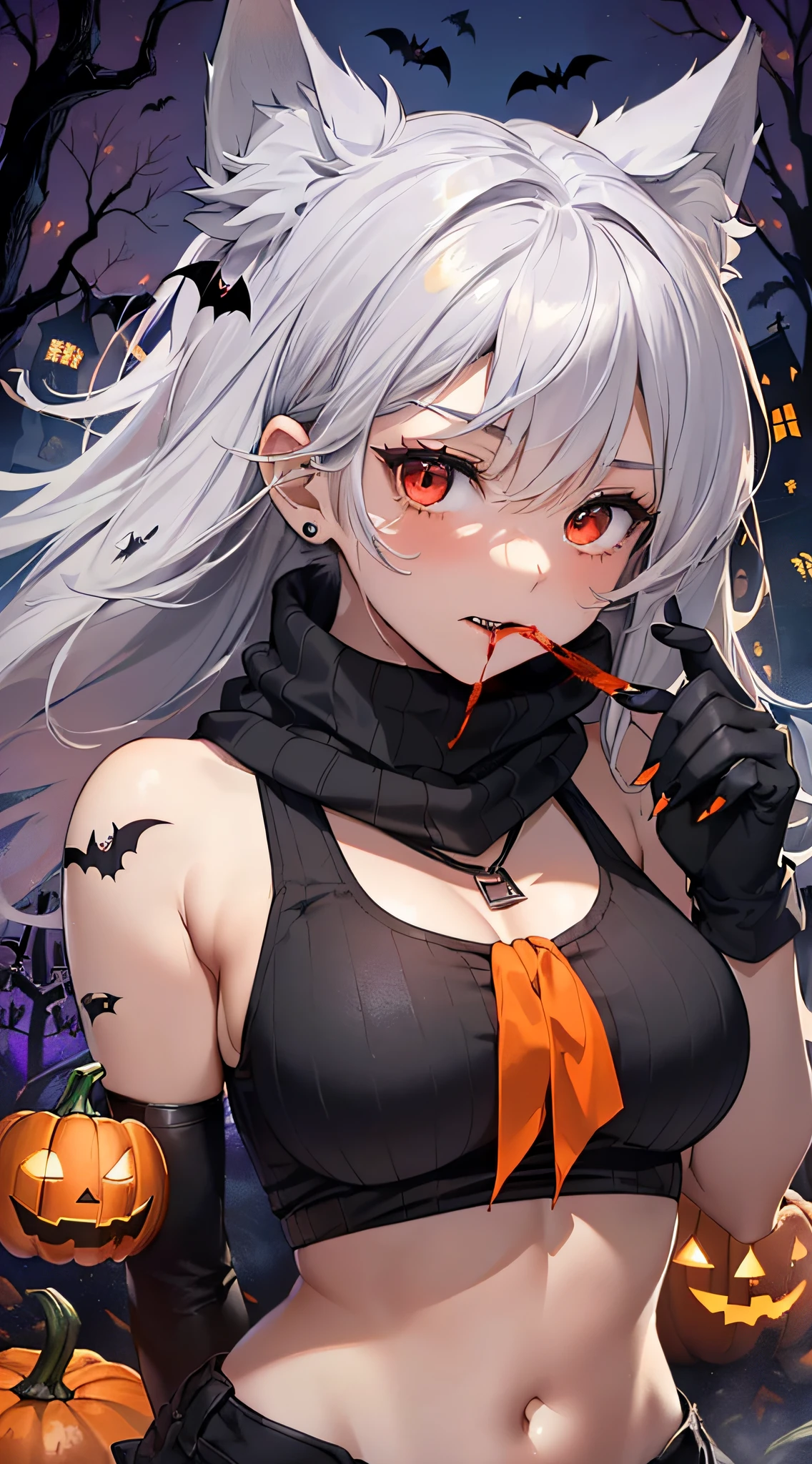 top-quality、Top image quality、masterpiece、teens girl((18year old,Black and orange tank top,Orange and black shorts、orange scarf,Best Bust、Bust 85、Silver hair、Longhaire,Red Eyes、open chest wide、Valley、Happiness、A slender、Blood coating、Emphasis on the chest、Wolf tattoo、wolf ear、Wolf tail、excited expressions、Wolf gloves、nails are growing、Cute wolf,Slouched、claw pose、tusk、Blood in the mouth))hiquality、Beautiful Art、Background with((natta、dark sky、Halloween at night、the bats、pumpkins,Nightmare、Halloween、in woods))、masutepiece、Elaborate design、visualart、Theater Screen、