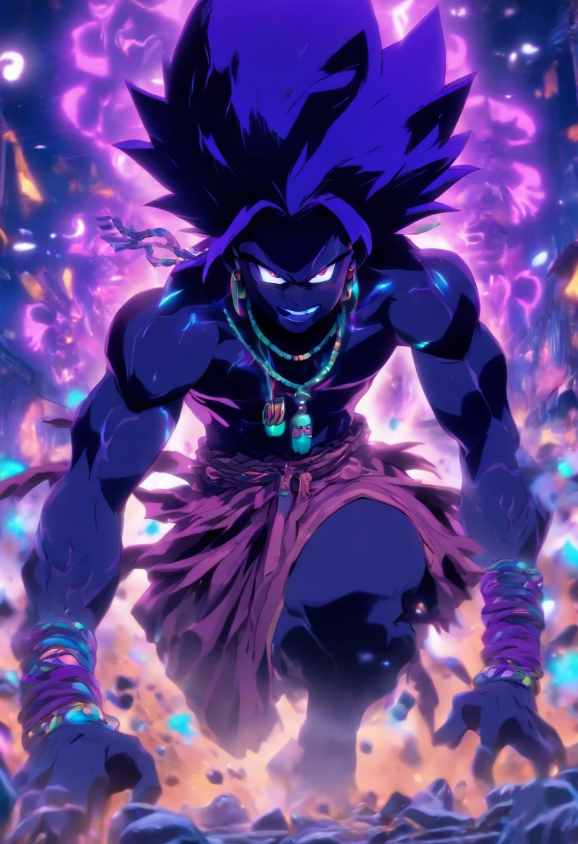 (((GHEDE NIBOU))) best quality, ultra-high resolution, 4K detailed CG, master piece, Ghede Masaka,Man,digger,PURPLE shirt,transsexual ,African clothing, Voodoo mythology, ((Loa Voodoo)), African image , aesthetic, Screen centered, full body