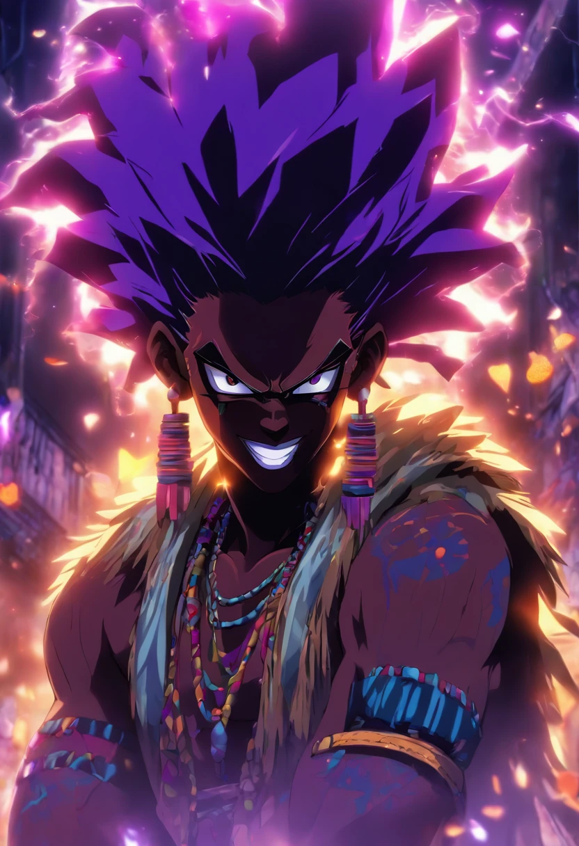 (((GHEDE NIBOU))) best quality, ultra-high resolution, 4K detailed CG, master piece, Ghede Masaka,Man,digger,PURPLE shirt,transsexual ,African clothing, Voodoo mythology, ((Loa Voodoo)), African image , aesthetic, Screen centered, full body