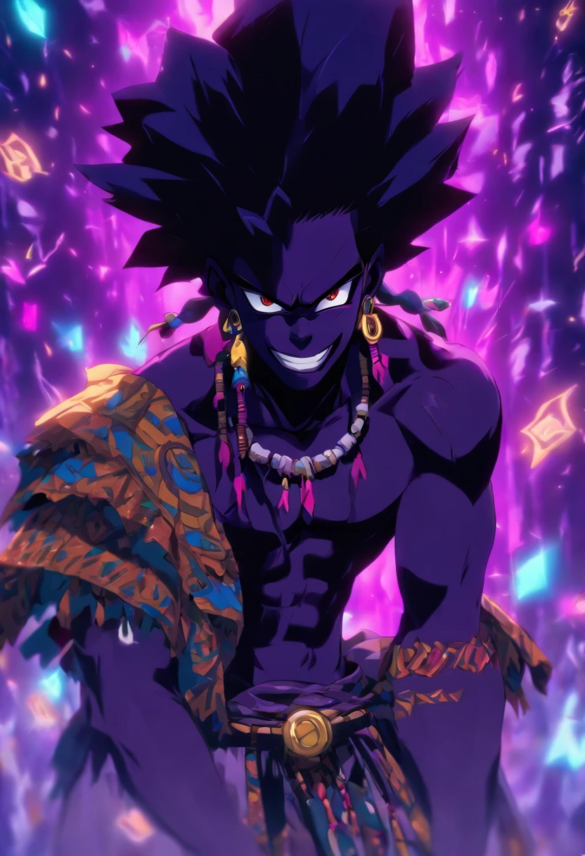 (((GHEDE NIBOU))) best quality, ultra-high resolution, 4K detailed CG, master piece, Ghede Masaka,Man,digger,PURPLE shirt,transsexual ,African clothing, Voodoo mythology, ((Loa Voodoo)), African image , aesthetic, Screen centered, full body