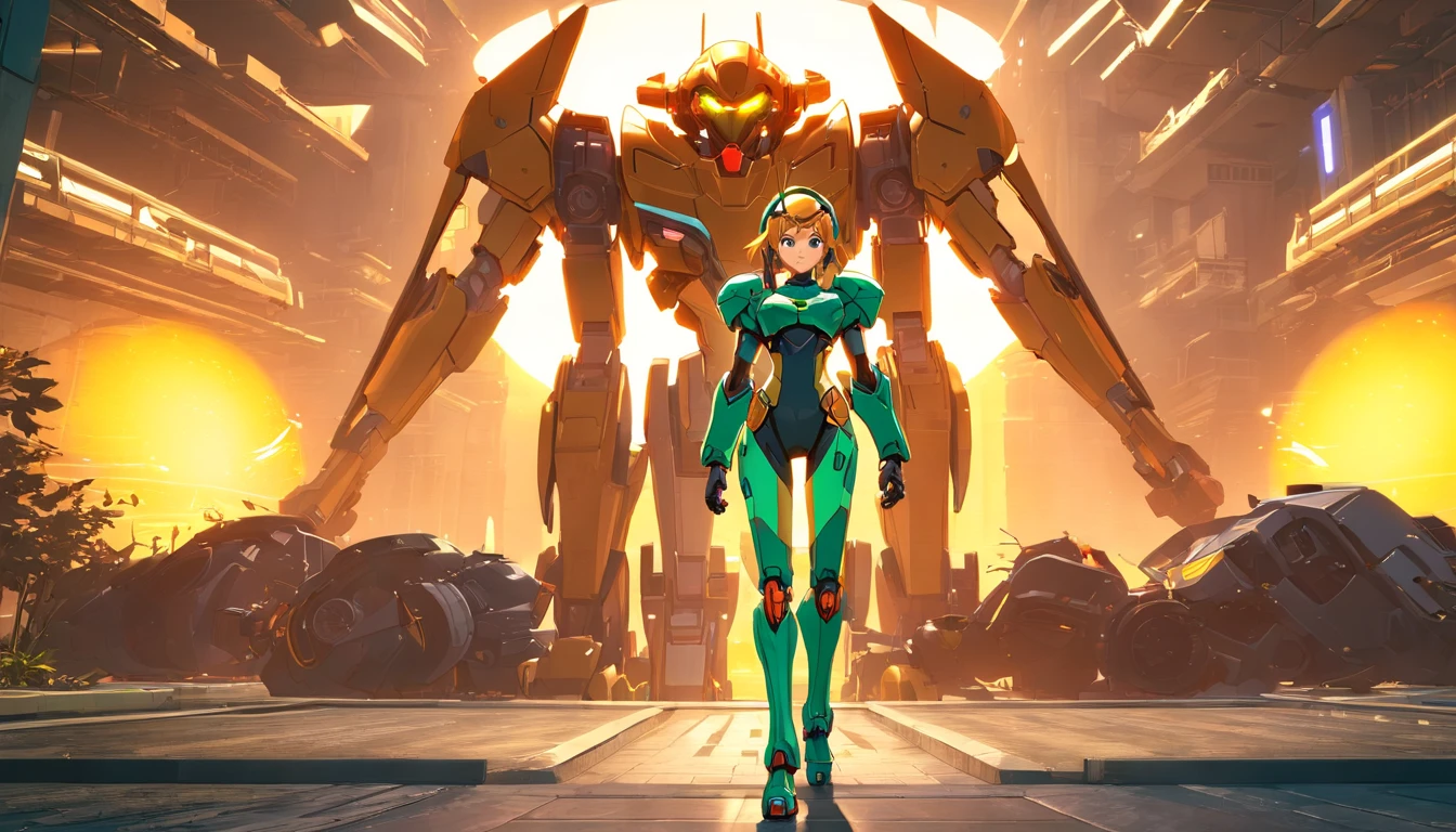 Apenas uma mulher bonita, vestindo mecha+armadura medieval+Samus Aran black costume with neon green metallic parts, cabelos pretos, cabelos extremamente curtos, cabelo com franja na frente dos olhos, helmet on the head, Looking at the Viewer, (((Pose extrovertida interagindo e apoiando-se em algo)))), em uma cidade, Vehicles, machines, Monstros, grandes estruturas, Beautiful landscape background with sunset, ((corpo inteiro):1.5) ,((Super Metroid)), 16k, UHD, best possible quality, ((ultra detalhado):1), best possible resolution, Motor Unreal 5, fotografia profissional, perfeito_Hands, sublime, Clockpunk, Artwork, massive scale, texturizado, Oi-fi, Tapestry, Cores chintzy, Unworldly, Bright radioactive illumination, ultra-realistic, altamente detalhado, Materiais PBR, Mecanismo Unity, Volumetric lighting, 8k