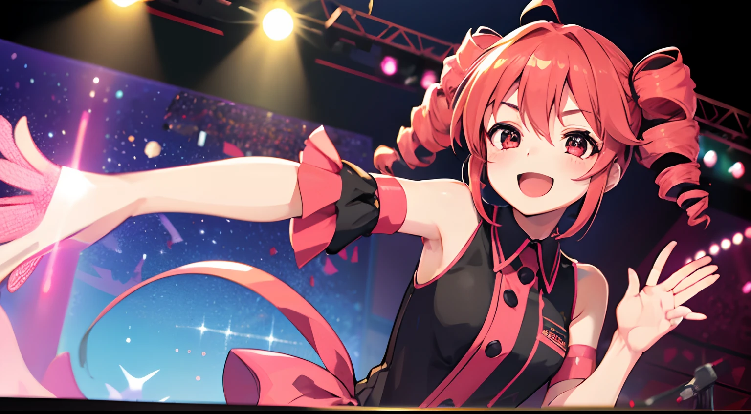 cute, 1girl, high quality, ((masterpiece)), idol pose, teto, kasane teto, twin drill hair, smiling for public, in a stage,