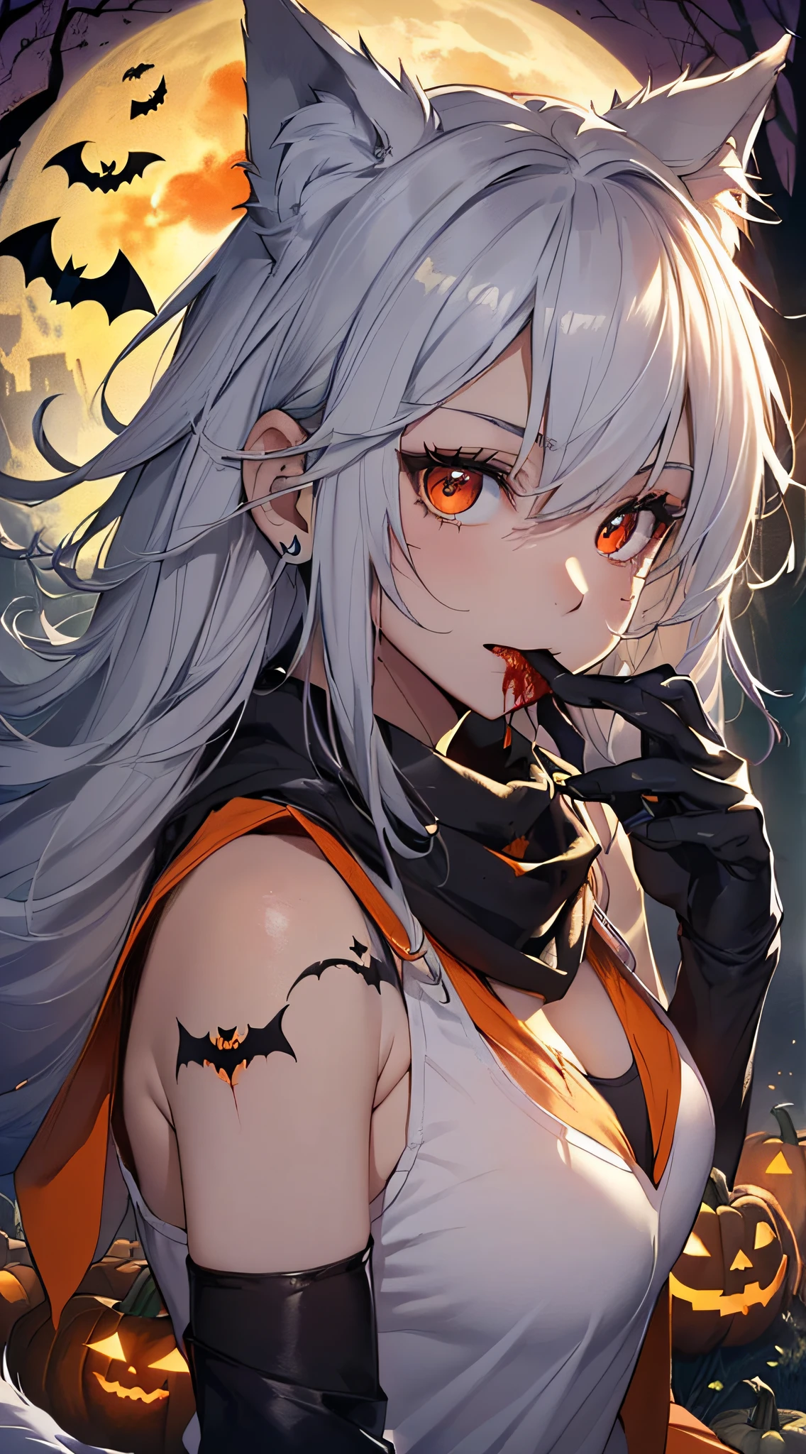 top-quality、Top image quality、​masterpiece、teens girl((18year old,Black and orange tank top,Orange and black shorts、orange scarf,Best Bust、Bust 85、Silver hair、Longhaire,Red Eyes、open chest wide、Valley、Happiness、A slender、Blood coating、Emphasis on the chest、Wolf tattoo、wolf ear、Wolf tail、excited expressions、Wolf gloves、nails are growing、Cute wolf,Slouched、claw pose、tusk、Blood in the mouth)）hiquality、Beautiful Art、Background with((natta、dark sky、Halloween at night、the bats、pumpkins,Nightmare、Halloween、in woods))、masutepiece、Elaborate design、visualart、Theater Screen、
