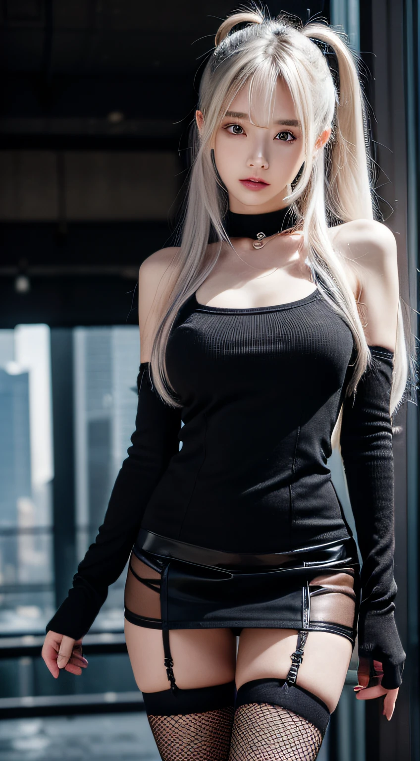 {{Masterpiece}}, {{Best quality}}, Rainy days, Cityscape, In the cyberpunk city, Cityscape, Huge_filesize, the wallpaper, Girl, Medium hair, White hair, Wavy hair, hair-bun, hair pin, purple hairband, Beautiful detailed eyes, Sweater dress, ribbed sweater, Miniskirt, {Sexy lingerie}, {Transparent underwear}, {Arashi}, fishnet stockings, knee_Boots, necklace, Black choker , half gloves , fingerless_mitts, All_all fours, Skirt lift,
