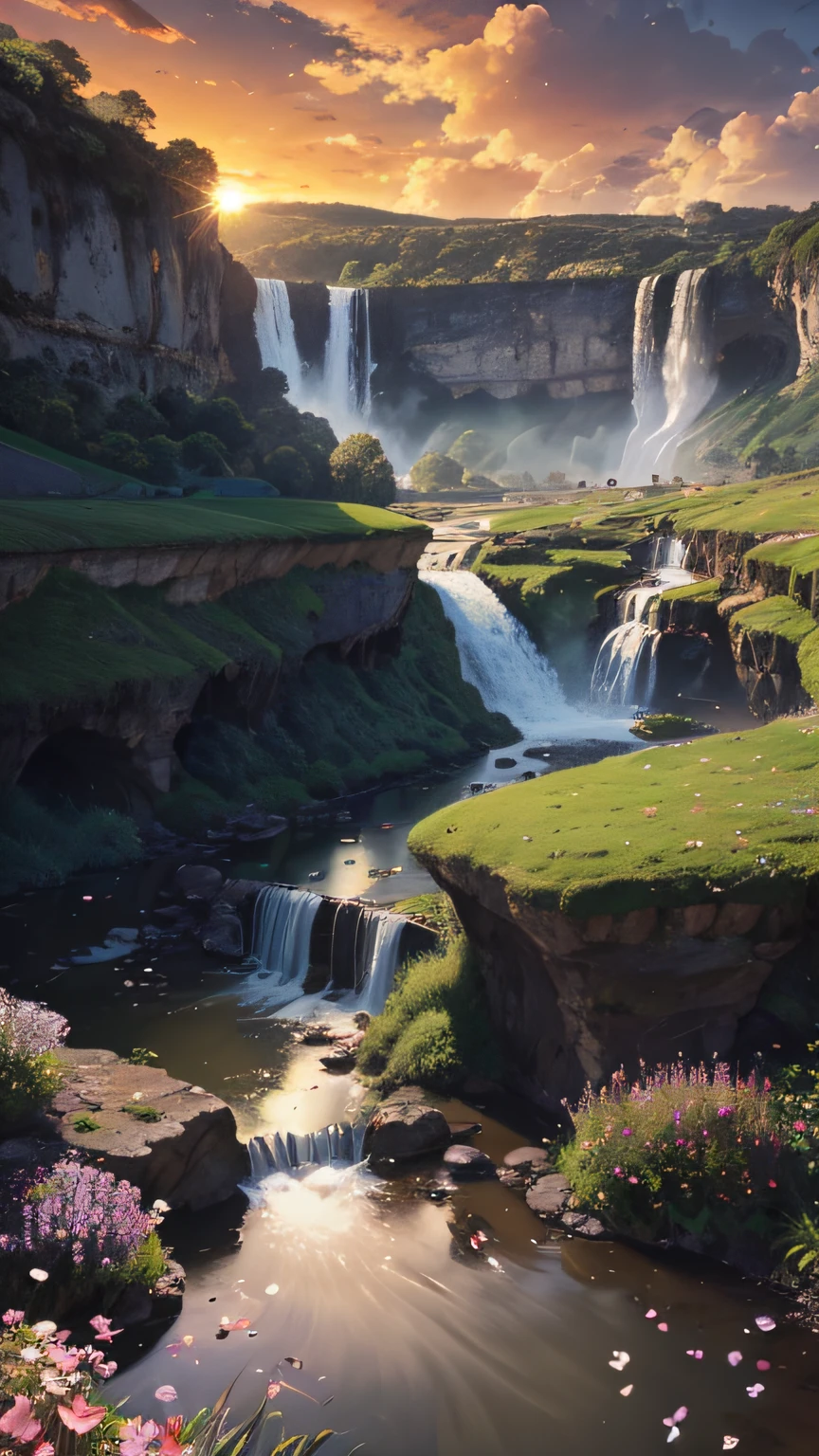 Huge valley，waterfallr，rios， [(White background:1.5)::5], Medium Shot Shot, butterflys,Petals floating in water,steins,Cloud,setting sun,Dusk