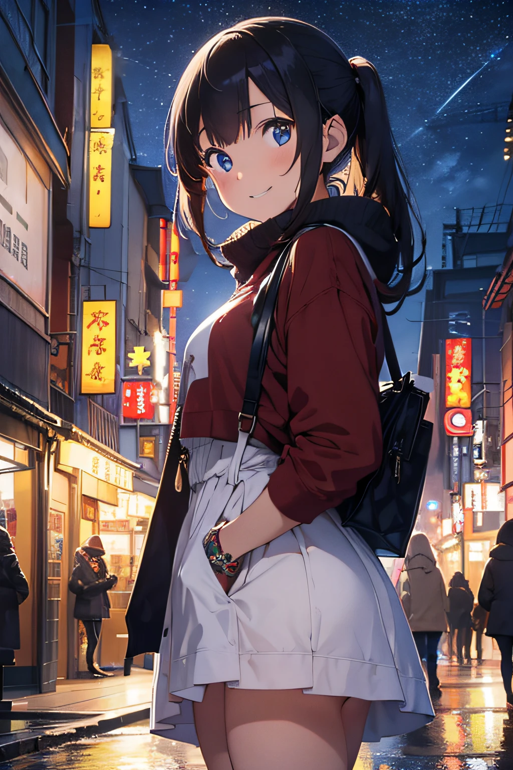 Christmas, Walking around town, girl with, 18year old, Smile, Wear winter clothes, Colorful illumination, ​masterpiece, top-quality, highly detailed anime, Well-formed face, Shining eyes, Balanced proportions, Dramatic Lighting, Night, Starry sky, Background of the Tokyo cityscape