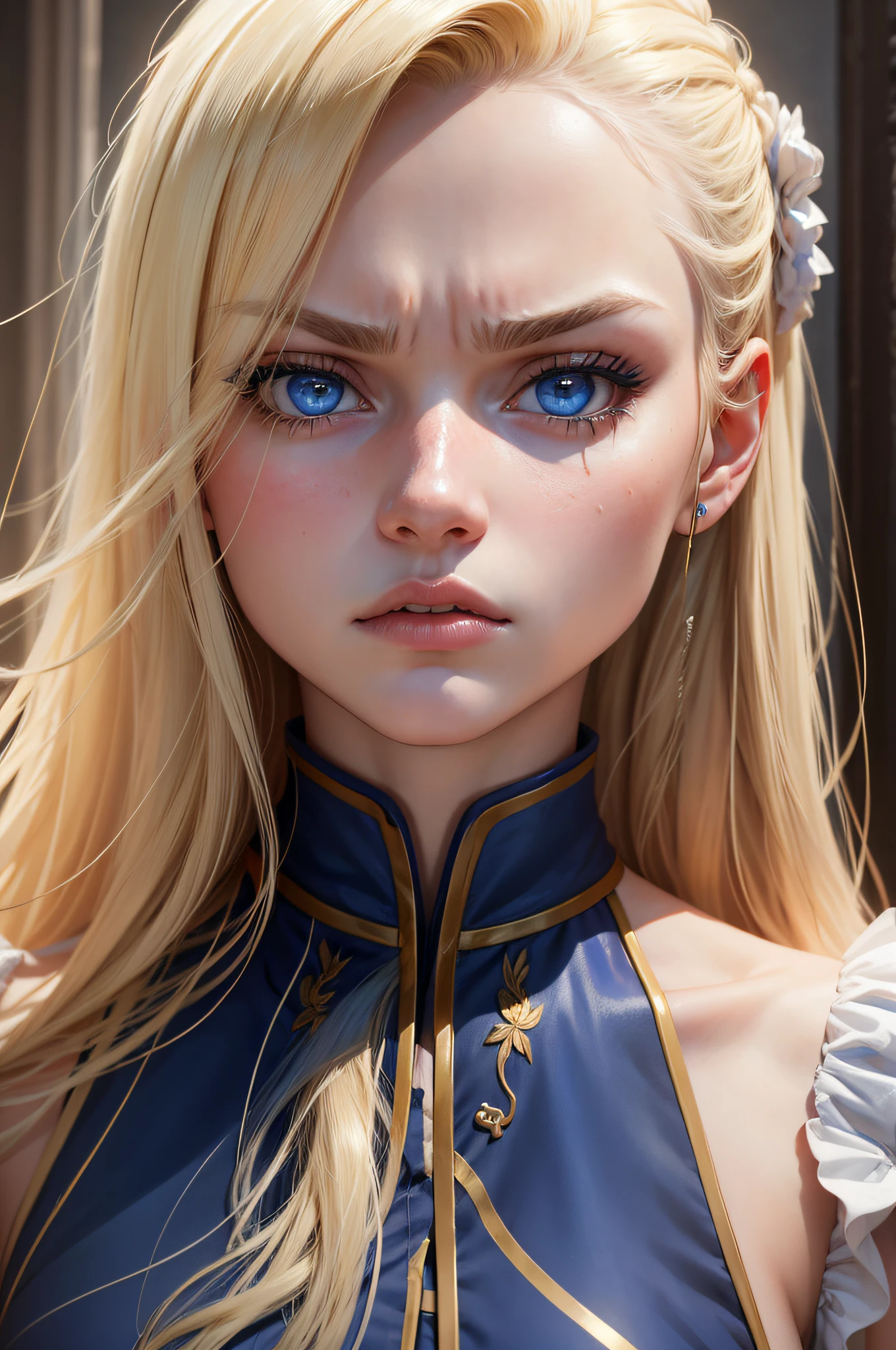 une fille russe, long cheveux blond, yeux bleu magnifique, head close-up, angry, ultra realist