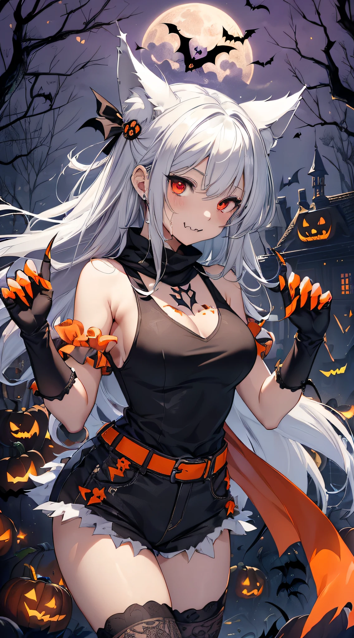top-quality、Top image quality、in 8K,4K,masterpiece、(NSFW:1.1)、ultra-detailliert、Beautiful、ultra-quality、cute little、girl with(((18year old、Halloween Costumes:1.3、Cultivated woman:1.5、Bust 78、silber hair、a short bob、Red Eyes、erotick:1.3、Happiness、The tattoo)))、hiquality、visualart、Background with((Halloween:1.2))、masutepiece