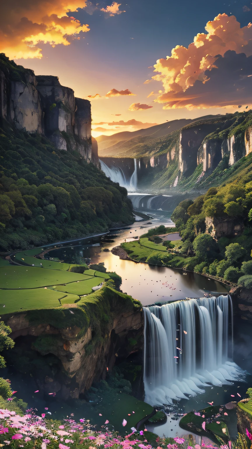 Huge valley，waterfallr，rios， [(White background:1.5)::5], Medium Shot Shot, butterflys,Petals floating in water,steins,Cloud,setting sun,Dusk