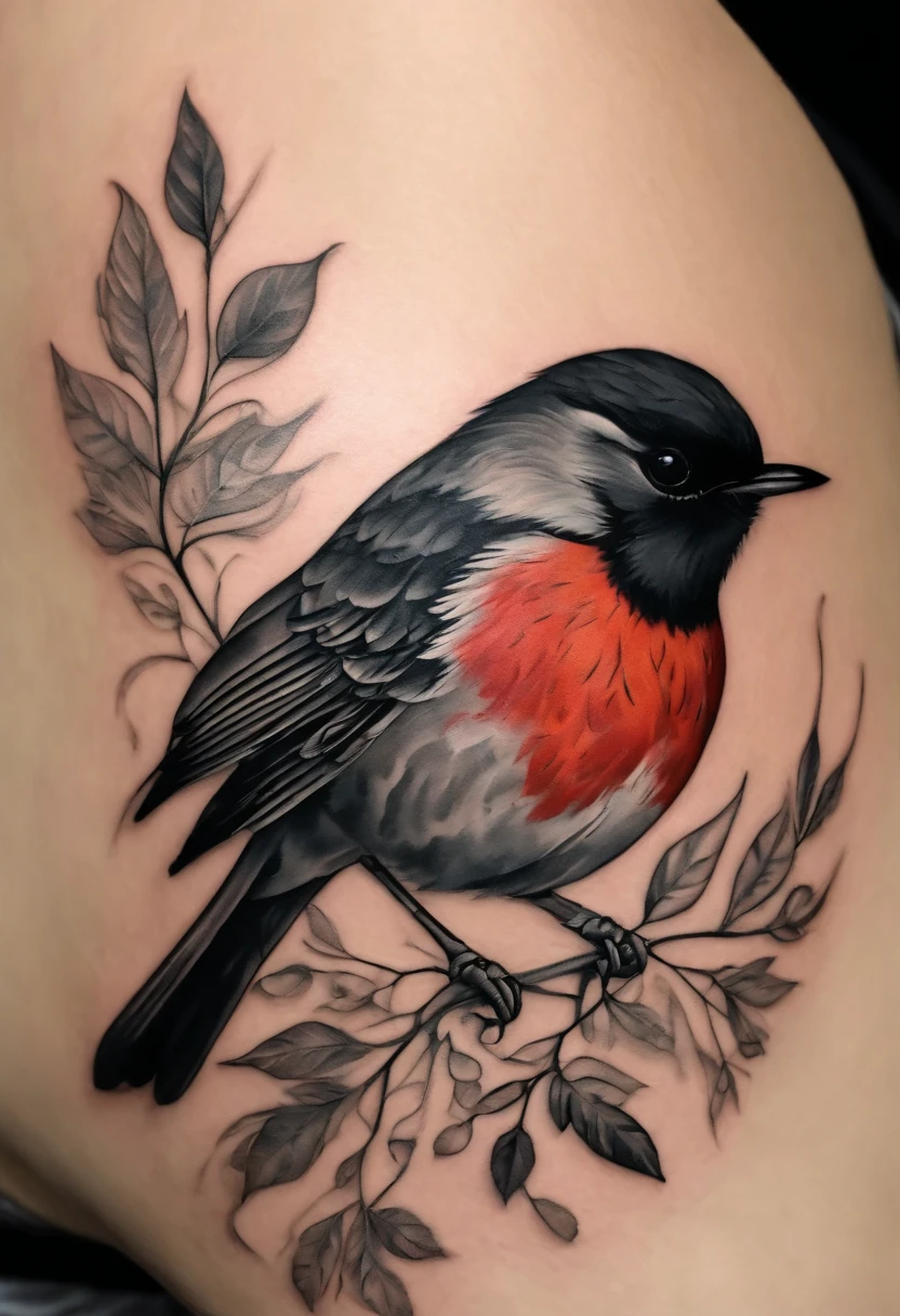 Red robin black and grey line art tattoo, placed on the shoulder of a woman, with delicate detail of leaves around the bird.