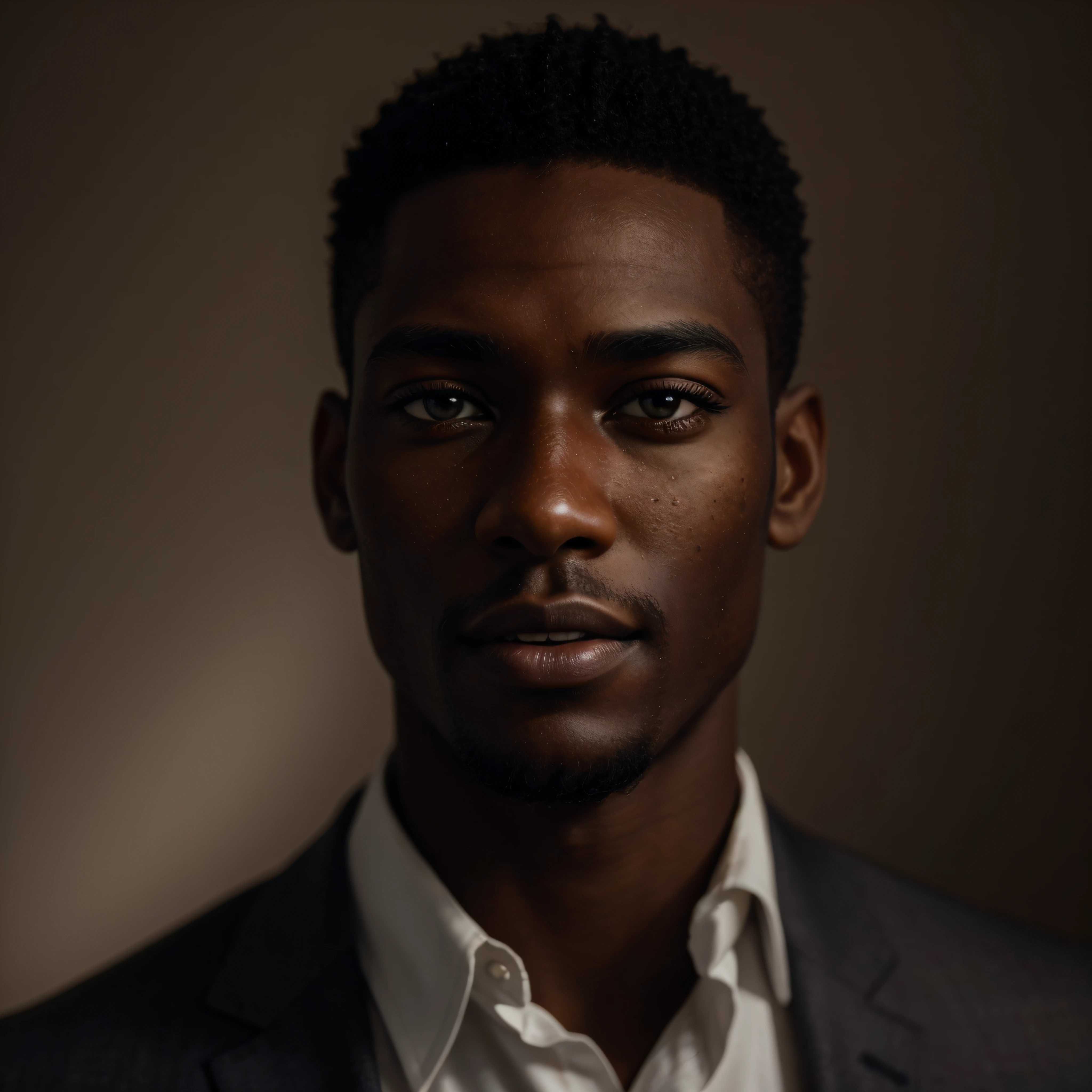An exquisite portrait of a black african man with deep ebony skin, the photograph captured in stunning 8k resolution and raw format to preserve the highest quality of details. The man's handsomeness is undeniable. He wears a slim cut suit that complements his radiant skin, and his eyes are portrayed with meticulous attention to detail, showcasing the captivating depth within. The photograph is taken with a lens that emphasizes the gentle smile in his eyes, and the backdrop is a dark studio setting that enhances the muted colors of the scene. The lighting and shadows are expertly crafted to bring out the richness of his skin tone and the subtle nuances of his features. His ginger hair, with its distinct hue, adds a touch of warmth and contrast against his ebony skin. The interior setting adds a sense of intimacy, while the freckles on his skin tell their own story. The overall composition captures his essence with authenticity and grace, creating a portrait that is a celebration of his heritage and beauty. Photography utilizing the best techniques for shadow and lighting, to create a mesmerizing portrayal that transcends the visual, slightly tilted head, (extreme iris details:1.4)