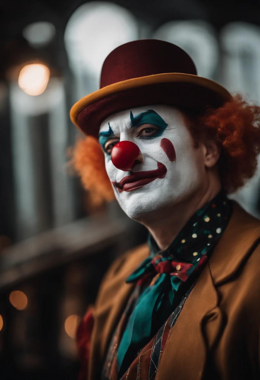 映画Jokerのような,hair is yellow,Hats come in three colors,Realな人間,Illustration is different,clown,Joker,Face white,Cross painted on eyes,Yellow hair,Three-color hat,whole body,4K,high resolution,uncle,Real,Real Humans,Man in his 40s,The hat is white, blue and red,Star-patterned clothing,White gloves,Big red paint on mouth,The hat is white, red and blue,whole bodyは青と赤と白