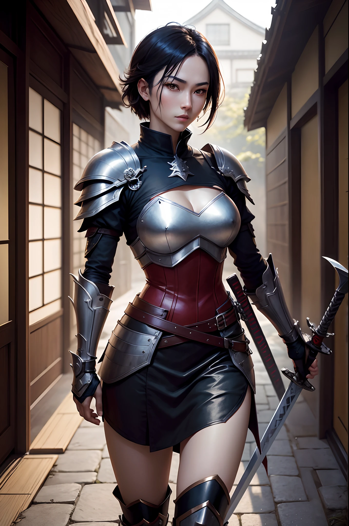 8K,Alafed Japan young man in armor with sword and armor standing in courtyard, handsome guy in demon slayer art, Jets of Valorant, beautiful androgynous prince,Attractive man with a large Japan sword and armor, Arsen Lupin as a demon slayer with a large Japan sword, by Yang J, artgerm and atey ghailan, by ruan jia and stanley artgerm, Wearing leather assassin armor