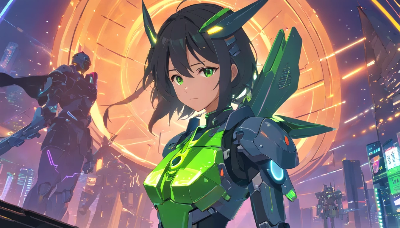 apenas uma mulher bonita, vestindo mecha+Armadura medieval+ Black Costume Neon Green Metallic Pieces, cabelos pretos, cabelos extremamente curtos, cabelo com franja na frente dos olhos, helmet on the head.