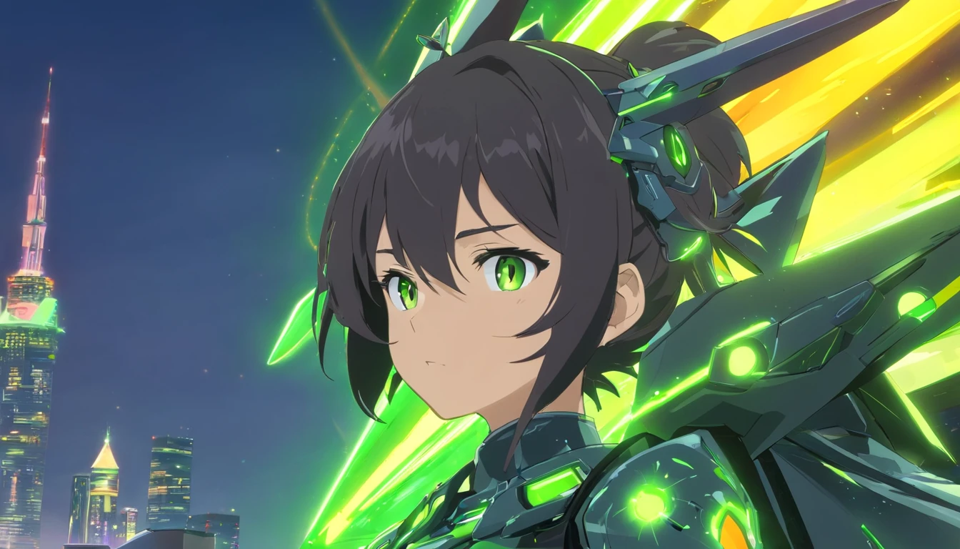 apenas uma mulher bonita, vestindo mecha+Armadura medieval+ Black Costume Neon Green Metallic Pieces, cabelos pretos, cabelos extremamente curtos, cabelo com franja na frente dos olhos, helmet on the head.