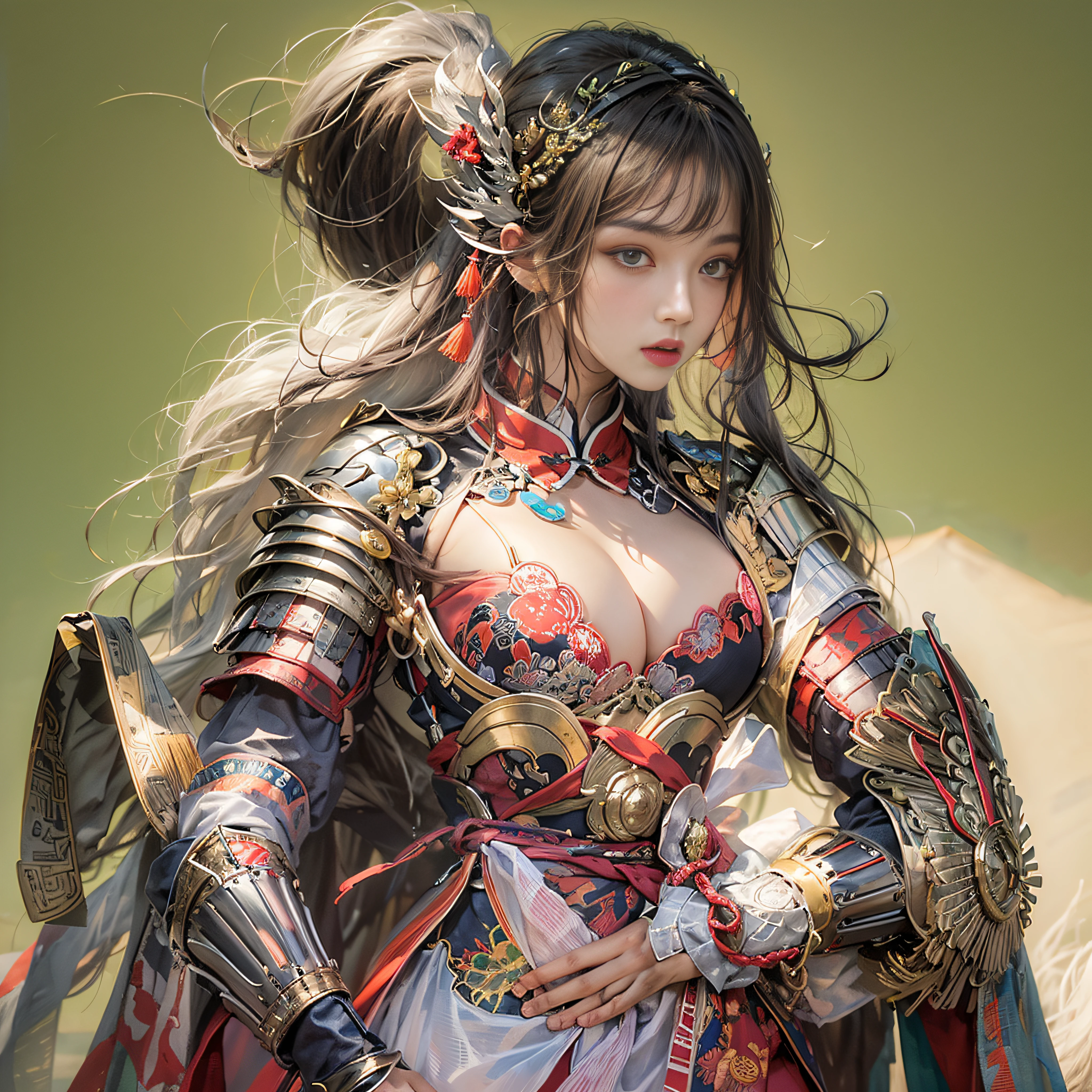 photorealistic portrait, high-res, Soft light,1woman, bara, Full body image, Slender Figure, Beautiful hips, gleaming skin, Overflowing big breasts, Reveal the breasts..., (higly detailed face), Beautiful Chinese Armor