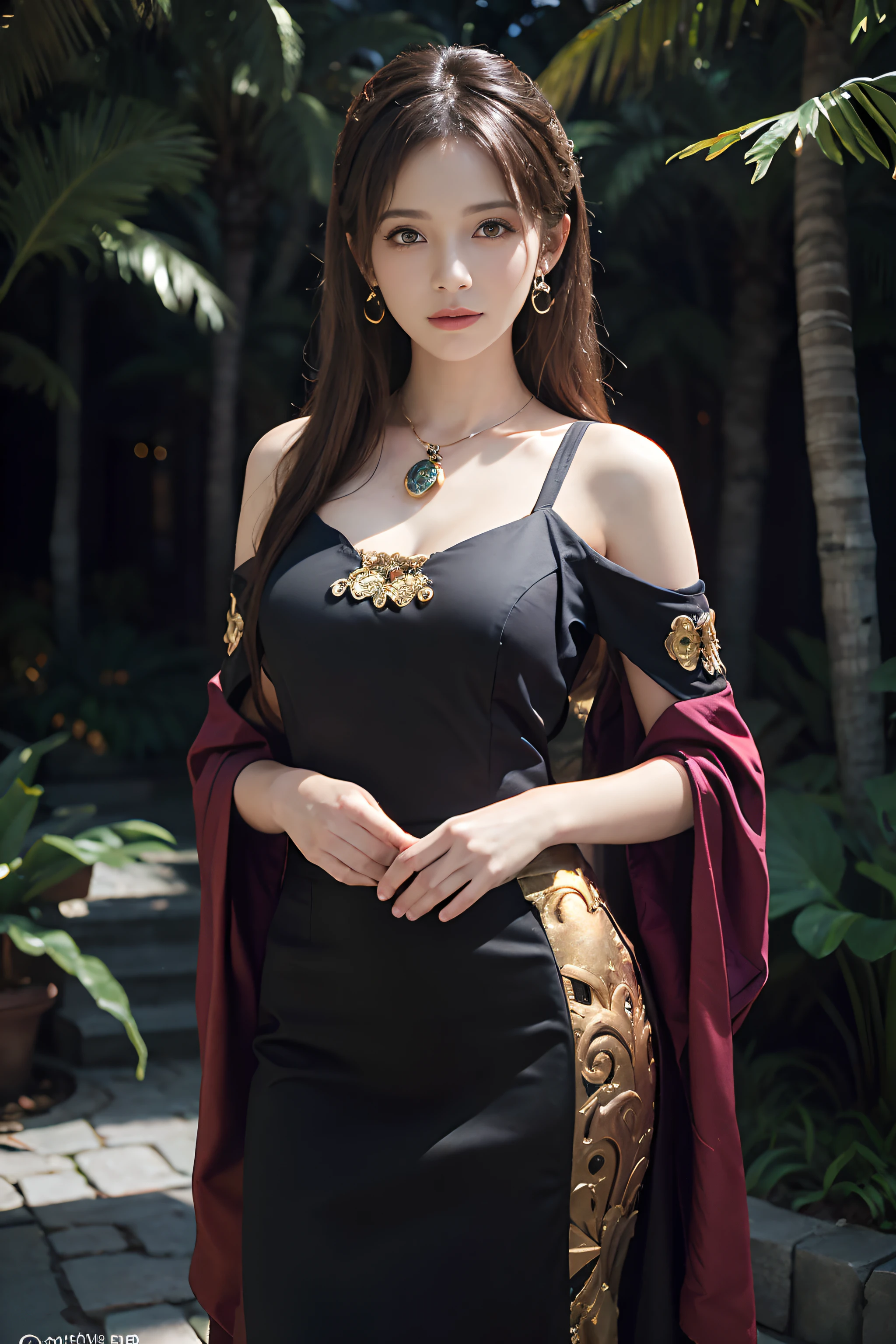 （Front focus），（in the darkness nigth：1.6），Surrealist portraits of women by David Hockney and Alphonse Mucha，Fantasyart，photographrealistic，动态照明，art  stations，poster for，Volumetriclighting，Very detailed faces，，1girll,artist_names,Bare_bshoulders,brown_Eyes,brown_Hair,crown,dress,Earrings,eyeslashes,Fire,Hair_decorations,jewelry,Lips,Patreon_user name,Solo,standing,No shoulder strap_dress,watermarked,web_address
