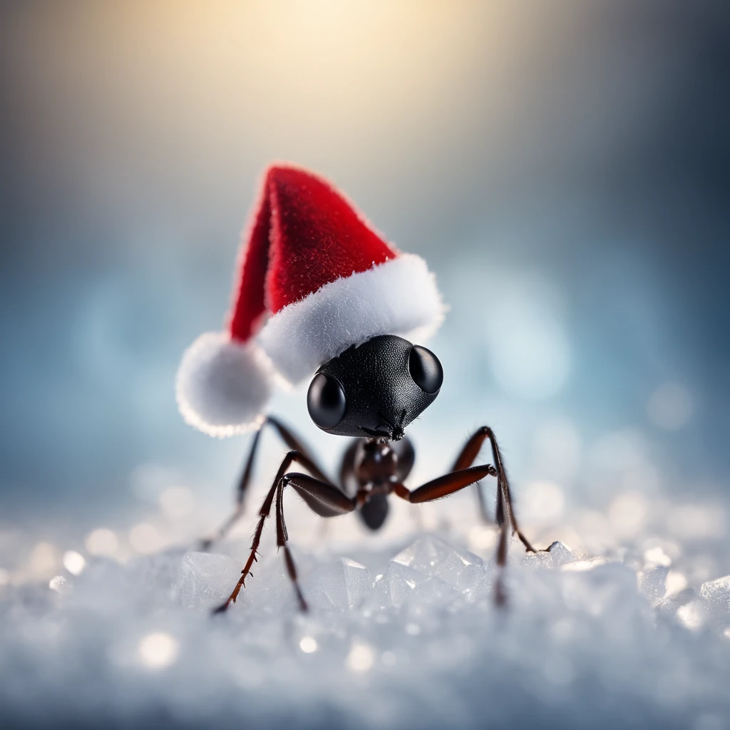 an ant with a Christmas hat stands on a piece of crystal snowflake
