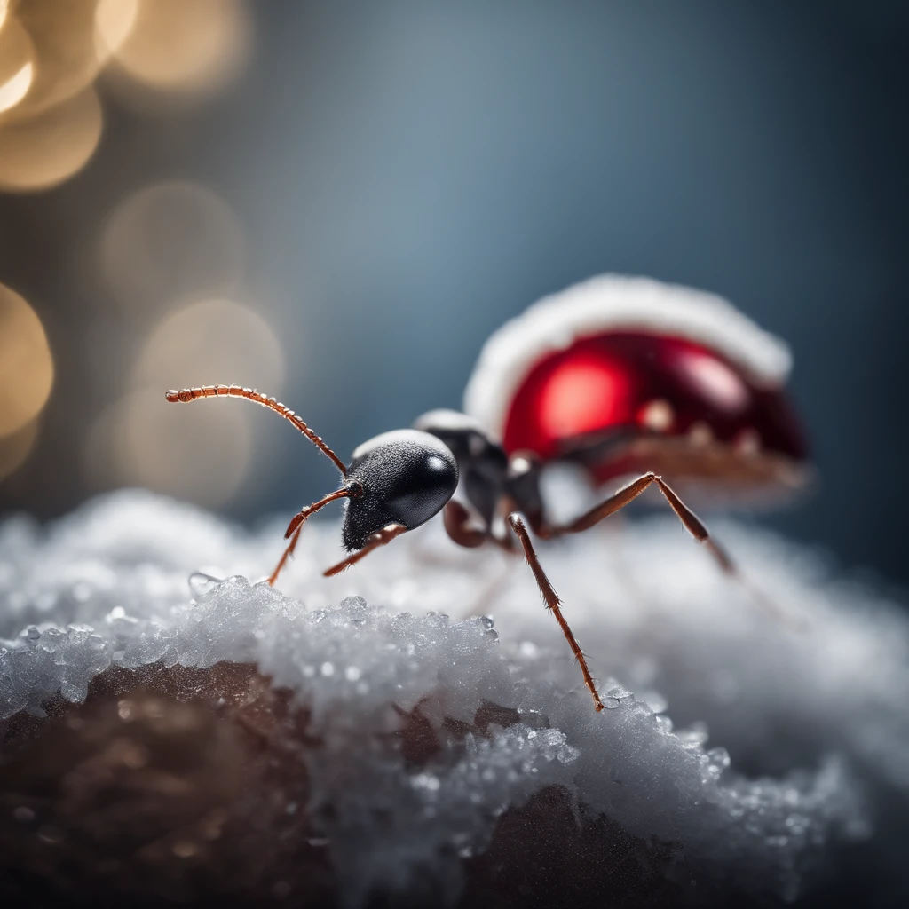 an ant with a Christmas hat stands on a piece of crystal snowflake