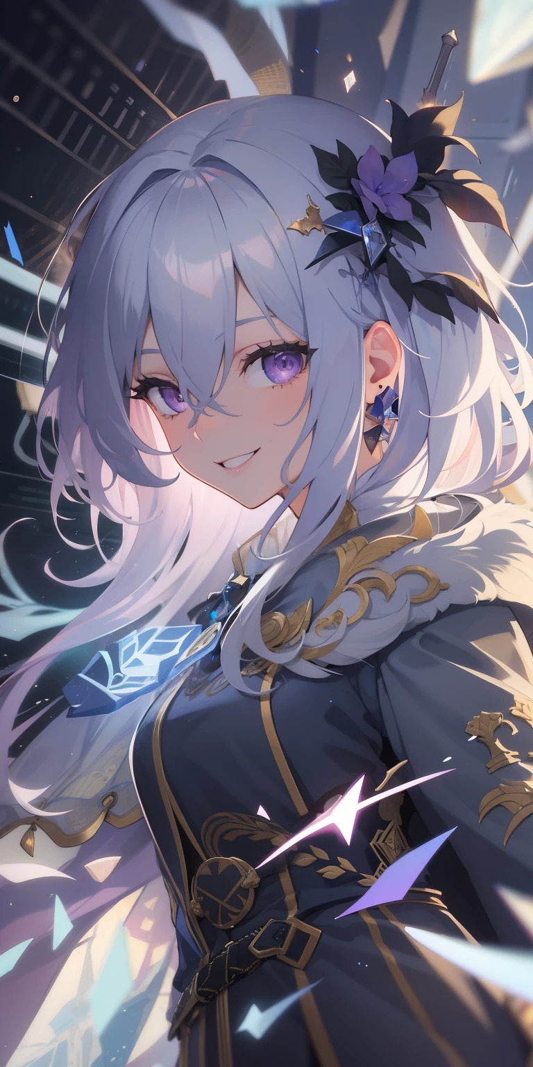 masterpiece, best quality, ultra-detailed, best shadow), (detailed background,dark fantasy), (beautiful detailed face), high contrast, (best illumination, an extremely delicate and beautiful), ((cinematic light)), colorful, hyper detail, dramatic light, intricate details, (1girl, solo,white hair, sharp face,purple eyes, hair between eyes,dynamic angle), swirling black light around the character, depth of field,black light particles,(broken glass), full body, holding magical sword, woman, happy, smile, look in front, tall, wearing boots, attractive, detailed clothing, woman, adult, sexy, laughing, adorable looking, full body, cloak, smile warmly, adult, women, holding out her hands, holding out one of her hand to viewer