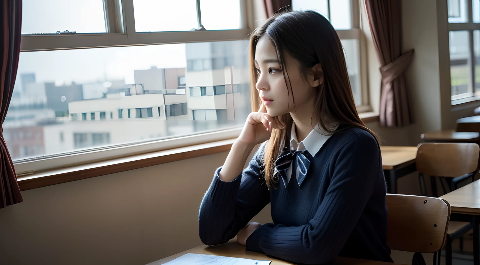 a picture、(Photorealsitic:1.4)、(hyper realisitic:1.4)、(Cinematic:1.5)、Woman in her 20s、profile、Solo, (beautiful and delicate face)、(High-quality eyes)、hi-school girl、校服、bow ribbon、school classrooms、desk work、textbook、 (Look out the window:1.5)
