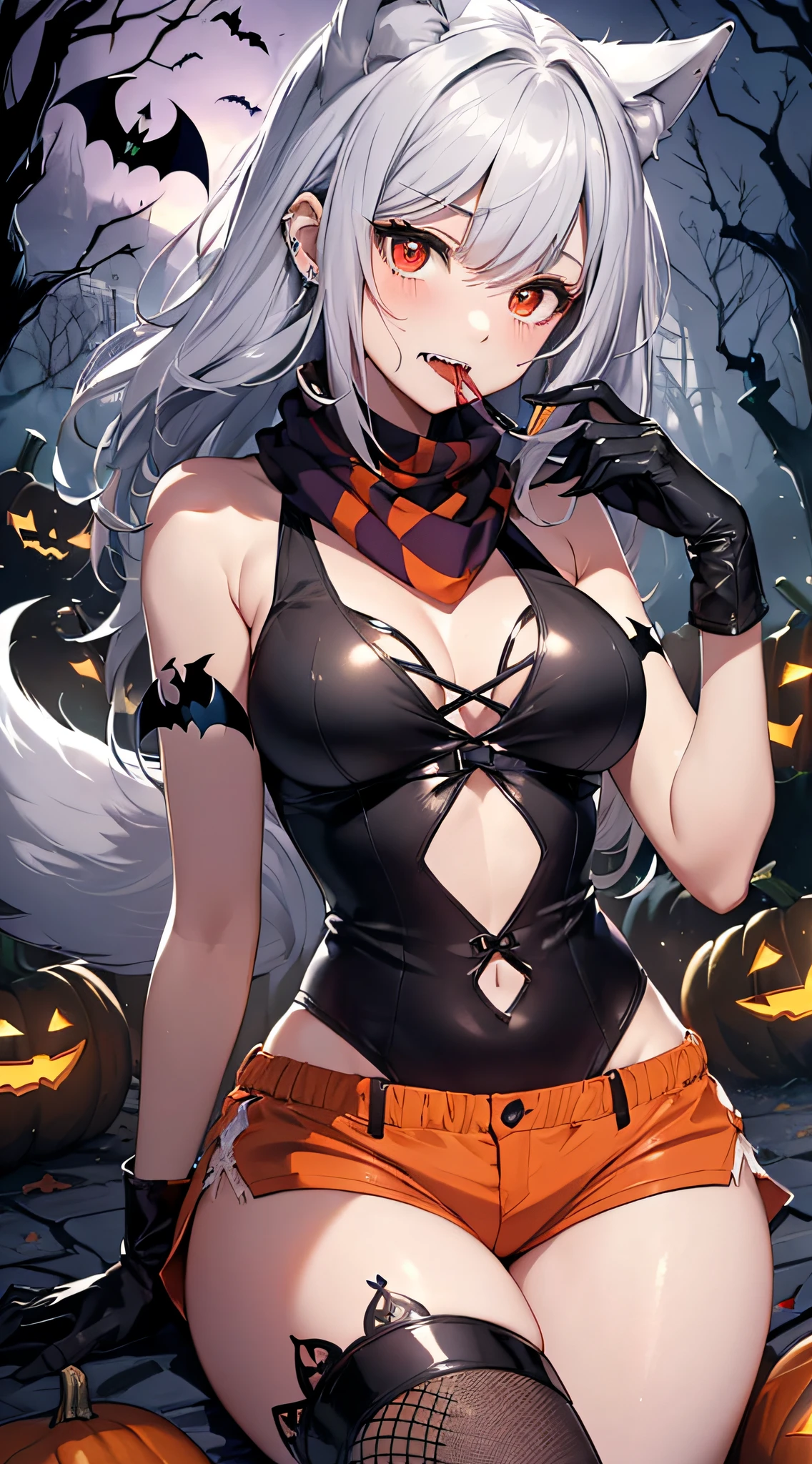 top-quality、Top image quality、​masterpiece、teens girl((18year old,Black and orange tank top,Orange and black shorts、orange scarf,Best Bust、Bust 85、Silver hair、Longhaire,Red Eyes、open chest wide、Valley、Happiness、A slender、Blood coating、Emphasis on the chest、Wolf tattoo、wolf ear、Wolf tail、excited expressions、Wolf gloves、nails are growing、Cute wolf,Slouched、claw pose、White fangs、Blood in the mouth is dripping)）hiquality、Beautiful Art、Background with((natta、dark sky、Halloween at night、the bats、pumpkins,Nightmare、Halloween、in woods))、masutepiece、Elaborate design、visualart、Theater Screen、