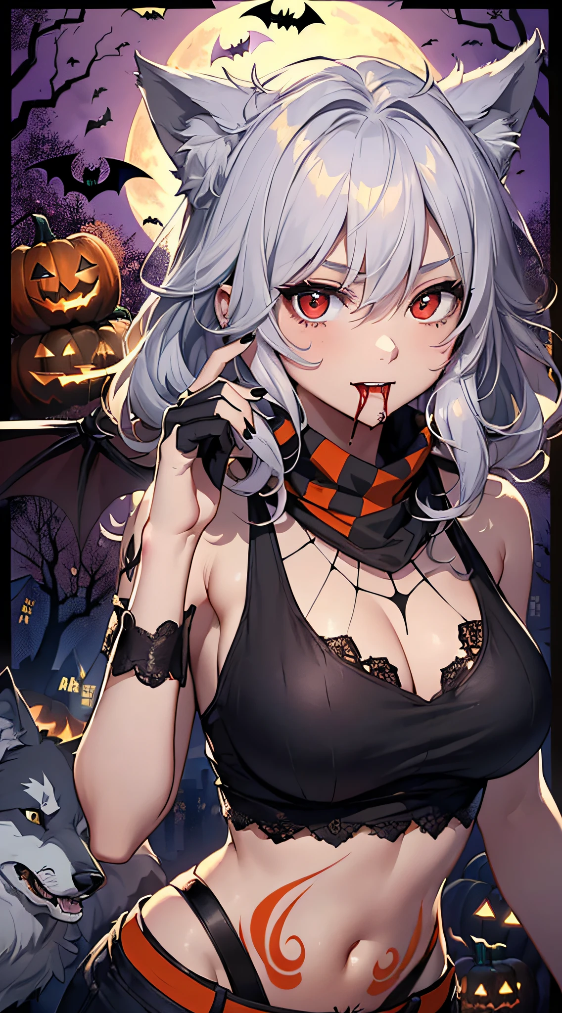 top-quality、Top image quality、masterpiece、s girl((18year old,Black and orange tank top,Orange and black shorts、orange scarf,Best Bust、Bust 85、Silver hair、Longhaire,Red Eyes、open chest wide、Valley、Happiness、A slender、Blood coating、Emphasis on the chest、Wolf tattoo、wolf ear、Wolf tail、excited expressions、Wolf gloves、nails are growing、Cute wolf,Slouched、claw pose、White fangs、Blood in the mouth is dripping))hiquality、Beautiful Art、Background with((natta、dark sky、Halloween at night、the bats、pumpkins,Nightmare、Halloween、in woods))、masutepiece、Elaborate design、visualart、Theater Screen、