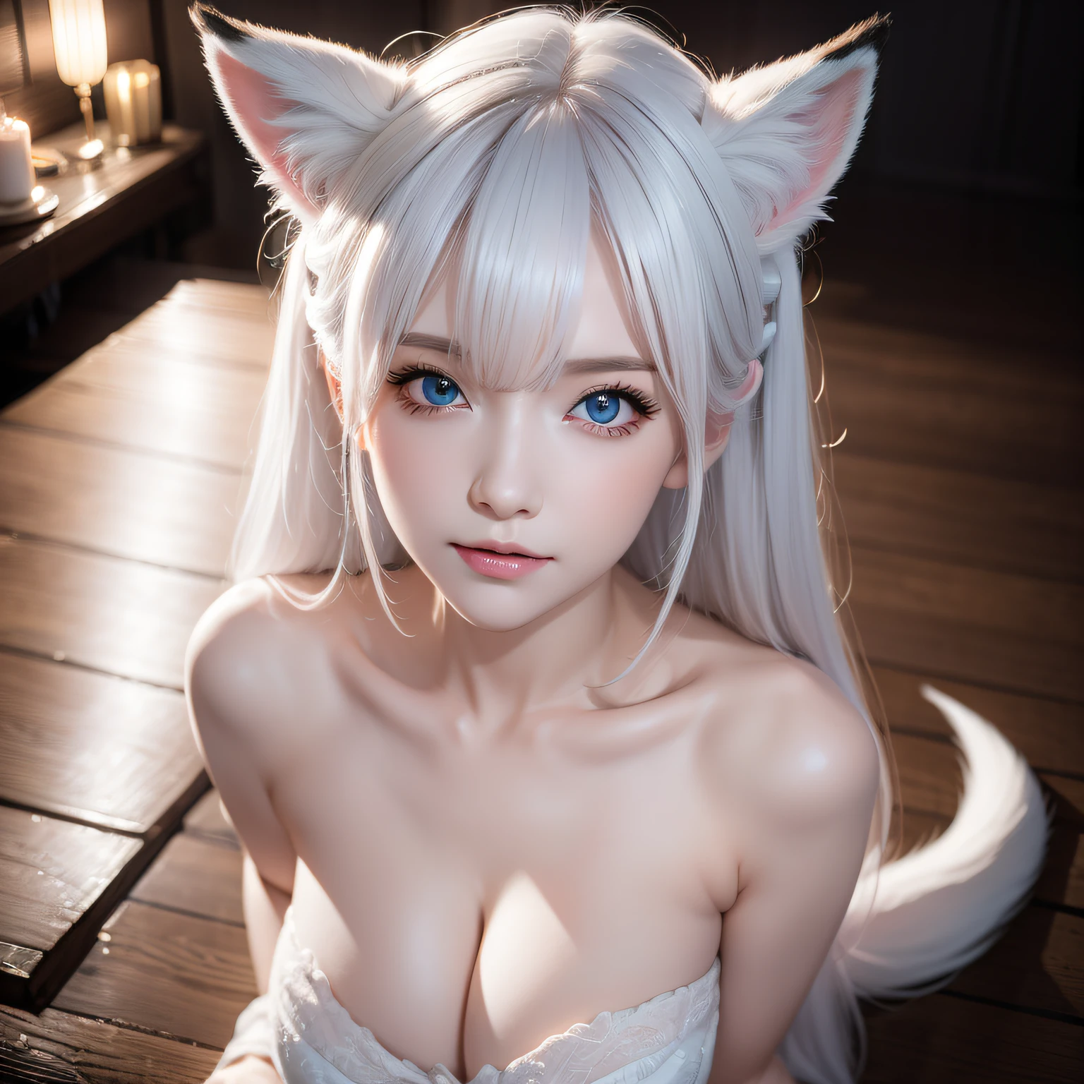 Full body, (Naked:1.5), Two Miss Fox Demons，Fox Devil Fox Years White Hair Girl，Sexy and feminine，Fluffy fox ears，fox tails，No ears，reddish tones，The beauty of fox ears alone，Cover chest，Clan Girl，Fox's eye，Enchanted，Charming，16 K， best qualtiy， tmasterpiece，  Raised sexy， Highly detailed face and eyes， professional make up， ，， glow blue eyes，Pink-haired girl with fox ears、Camera angle from above、Looking here、