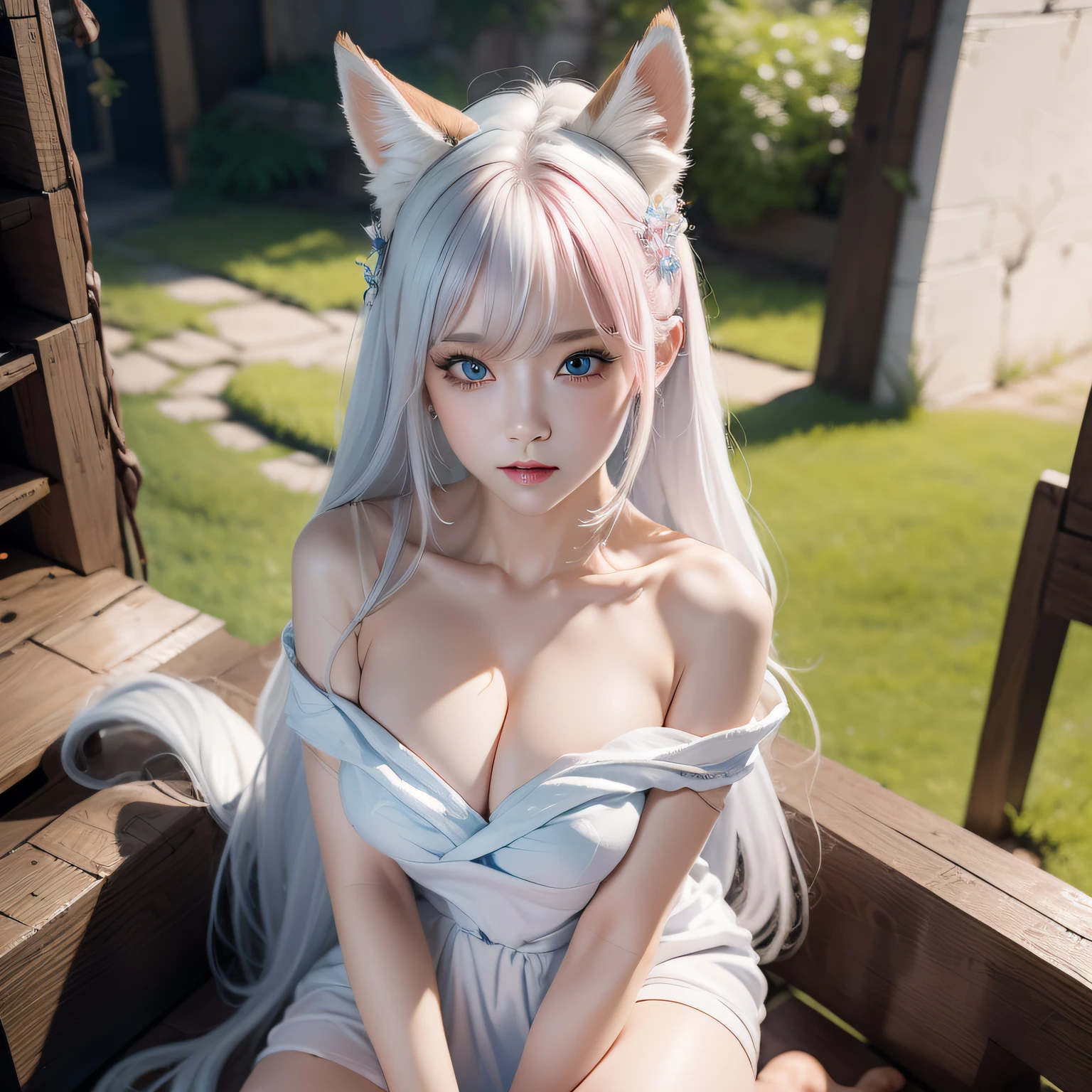 Full body, (:1.5), Two Miss Fox Demons,Fox Devil Fox Years White Hair Girl,Sexy feminine,Fluffy fox ears,fox tails,No ears,reddish tones,The beauty of fox ears alone,Cover chest,Clan Girl,Fox's eye,Enchanted,Charming,16 K, best qualtiy, tmasterpiece, Raised sexy, Hiy detailed face and eyes, professional make up, ,, glow blue eyes,Pink-haired girl with fox ears、Camera angle from above、Looking here、