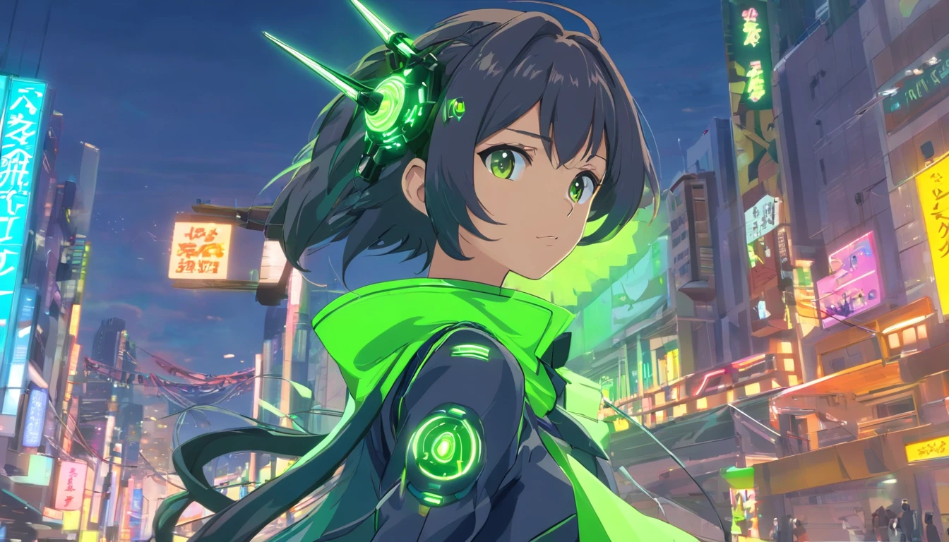 apenas uma mulher bonita, vestindo mecha+Armadura medieval+ Black Neon Green Costume Metal Parts, cabelos pretos, cabelos extremamente curtos, cabelo com franja na frente dos olhos, anime-style headgear.