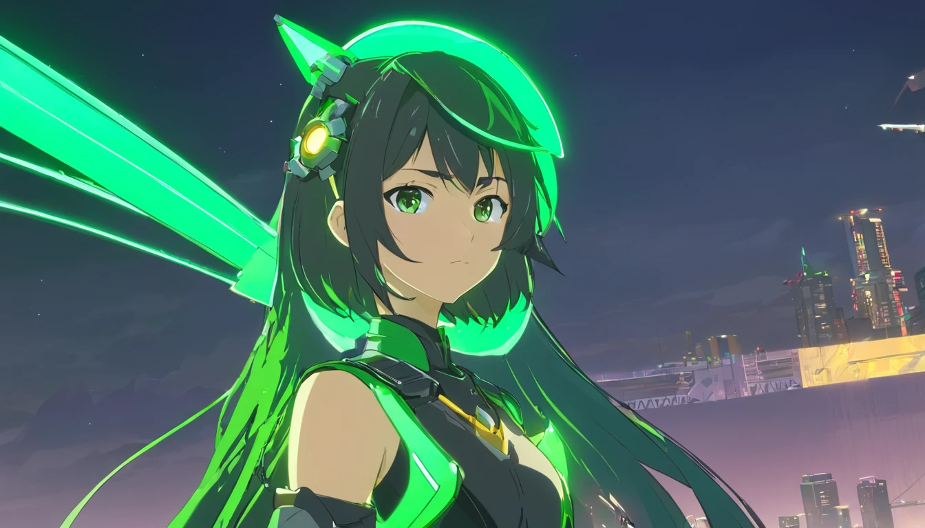 apenas uma mulher bonita, vestindo mecha+Armadura medieval+ Black Neon Green Costume Metal Parts, cabelos pretos, cabelos extremamente curtos, cabelo com franja na frente dos olhos, anime-style headgear.