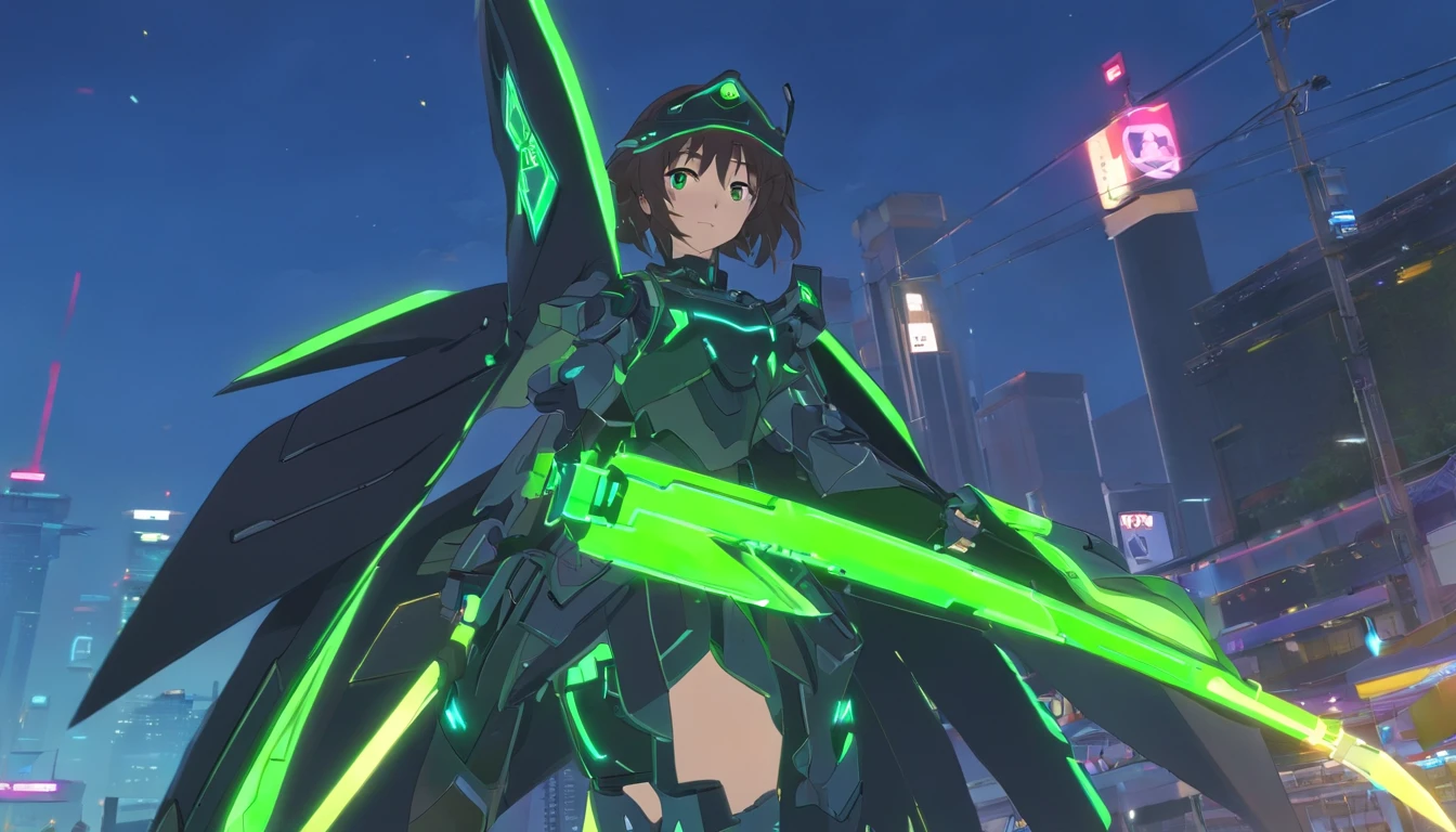 apenas uma mulher bonita, vestindo mecha+Armadura medieval+ Black Neon Green Costume Metal Parts, cabelos pretos, cabelos extremamente curtos, cabelo com franja na frente dos olhos, anime-style headgear.