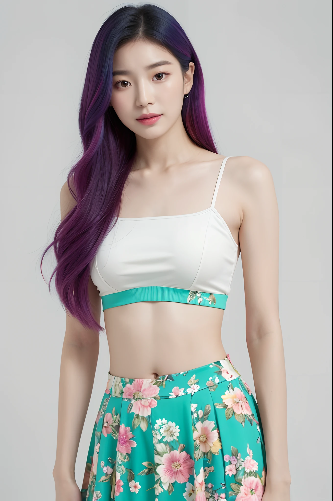 a woman in a floral crop top and mint skirt posing for a picture, croptop, crop top, bralette, wearing white camisole, bae suzy, wearing a camisole, physical : tinyest midriff ever, gorgeous young korean woman, heonhwa choe, cutecore, lulu chen, reluvy5213, rainbow hair