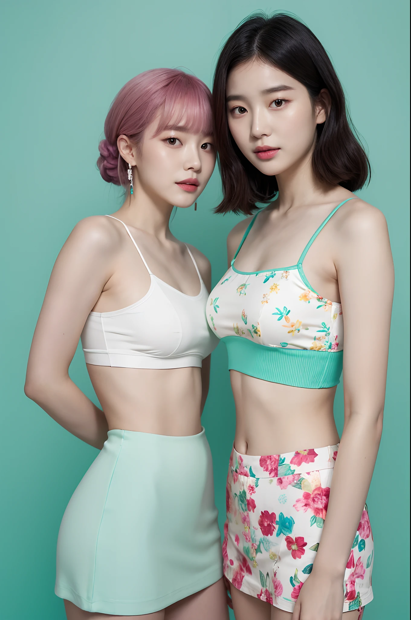 a woman in a floral crop top and mint skirt posing for a picture, croptop, crop top, bralette, wearing white camisole, bae suzy, wearing a camisole, physical : tinyest midriff ever, gorgeous young korean woman, heonhwa choe, cutecore, lulu chen, reluvy5213, rainbow hair