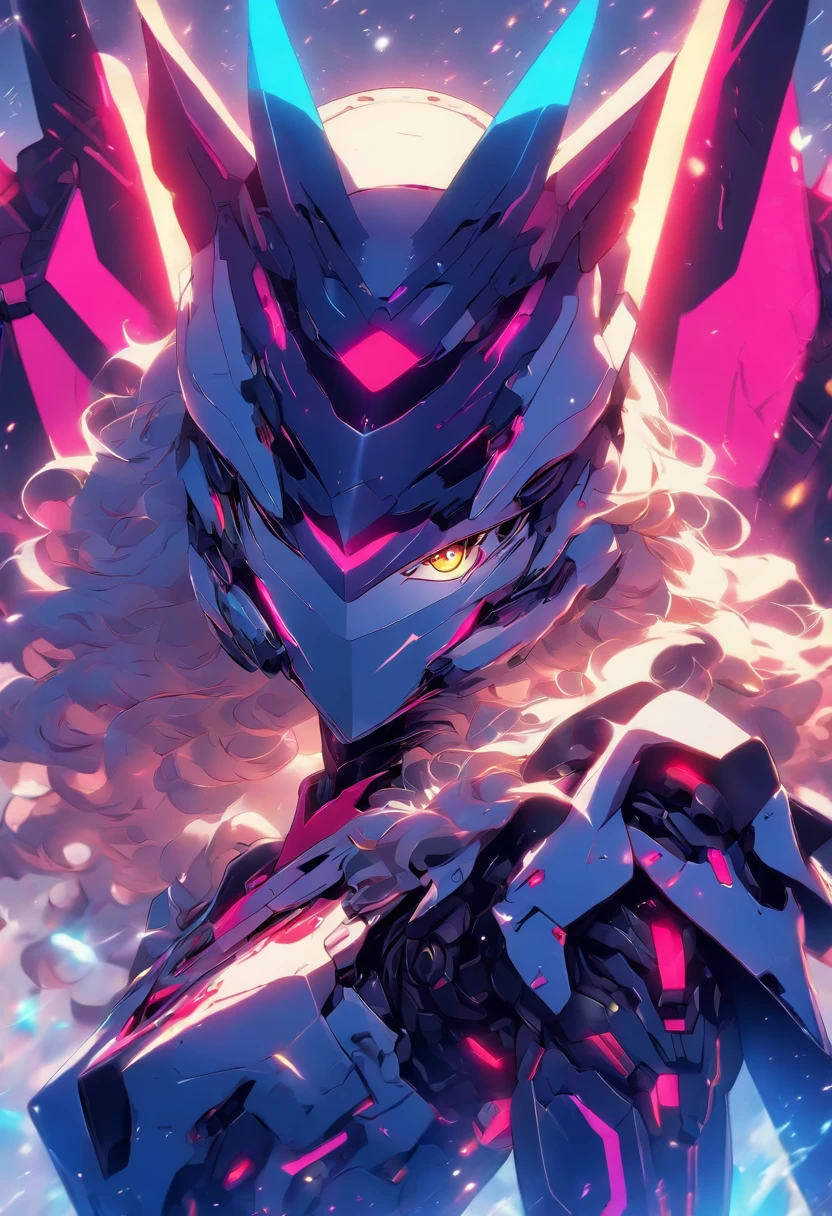 A female robot in armor with a angular cat mask, make head mecha style, small booster wings, sleek flowing techwear cape