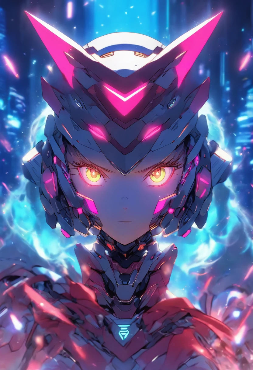 A female robot in armor with a angular cat mask, make head mecha style, small booster wings, sleek flowing techwear cape