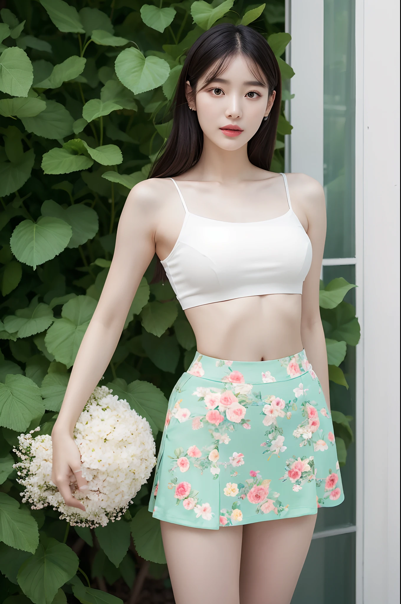 a woman in a floral crop top and mint skirt posing for a picture, croptop, crop top, bralette, wearing white camisole, bae suzy, wearing a camisole, physical : tinyest midriff ever, gorgeous young korean woman, heonhwa choe, cutecore, lulu chen, reluvy5213