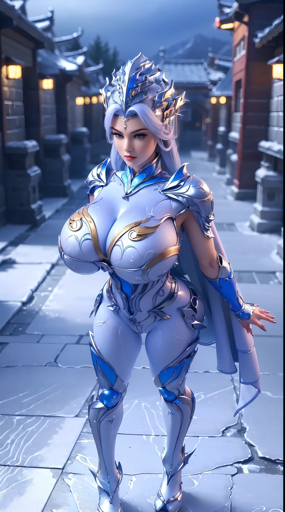 (DRAGON QUEEN HELM), (HUGE FAKE BOOBS:1.2), (WHITE, BLUE, GOLD), (STREET CITY BACKGROUND), (FUTURISTIC ICE PHOENIX MECHA BODYSUIT, ROYAL CAPE:1.3), (CLEAVAGE), (SKINTIGHT YOGA HOTPANTS, HIGH HEELS:1.2), (PERFECT BODY, (FULL BODY VIEW:1.2), (LOOKING AT VIEWER), (WALKING DOWN:1), SEXY MUSCULAR BODY, MUSCLE ABS, UHD, 8K, 1080P.